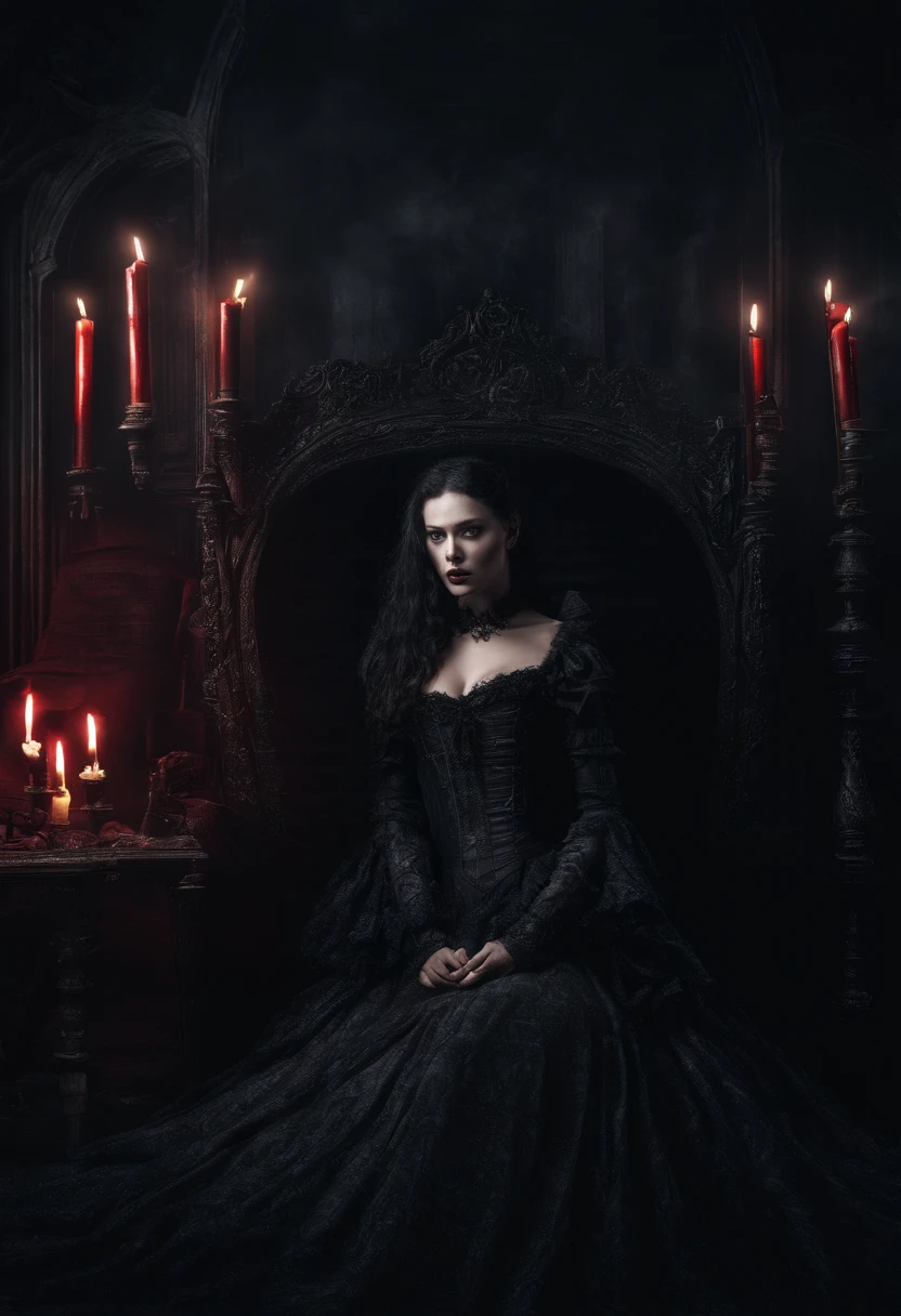 Masterpiece, Professional photography, 8k, ultrarealistic, skin pores, A young Catherine Zeta Jones dressed as Vampire locked in a passionate kissing embrace with a beautiful dark haired woman, girl has expression of erotic ecstasy on her face, background, gothic style bedroom, ornate four-poster bed, red linen, illuminated by flaming torches and black candles