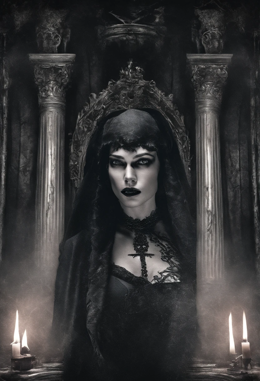 Masterpiece, Professional photography, 8k, ultrarealistic, skin pores, A young Catherine Zeta Jones dressed as Vampire locked in a passionate kissing embrace with a beautiful dark haired woman, girl has expression of erotic ecstasy on her face, background, gothic style bedroom, ornate four-poster bed, red linen, illuminated by flaming torches and black candles