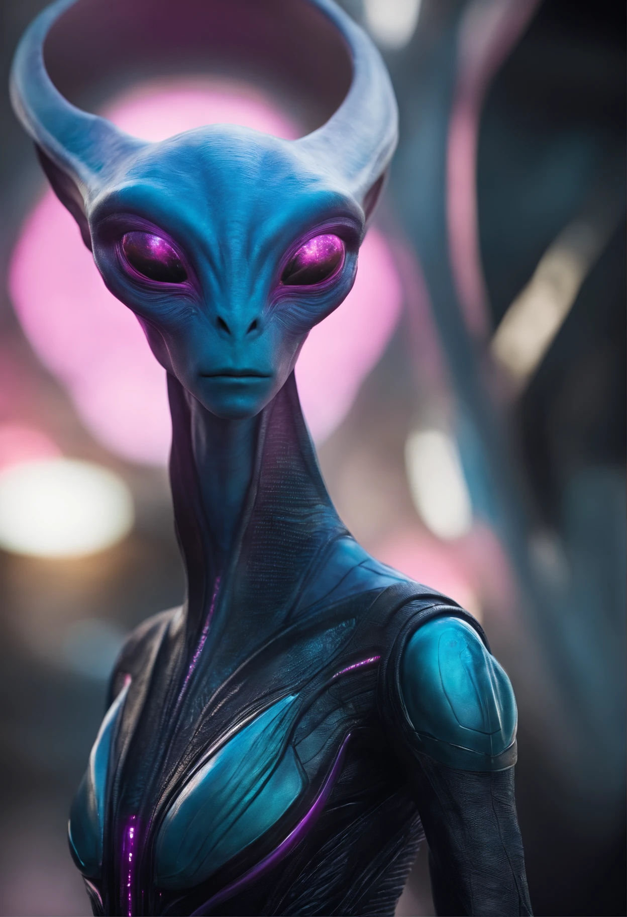 A blue alien with an elongated light head, eyes big nose small slender body enter a starship wearing a realistic futuristic alien costume, a hyper-detailed alien, pink and purple and alien, alien looking, space alien Ete-Grey , Portrait of a large alien pupil Almond Exotic alien Pink Portrait of a humanoid alien, An alien, alien portrait, Hybrid alien Long-headed affectionate alien, futuristic alien features. ( Detalhes borrados do navio futurista)