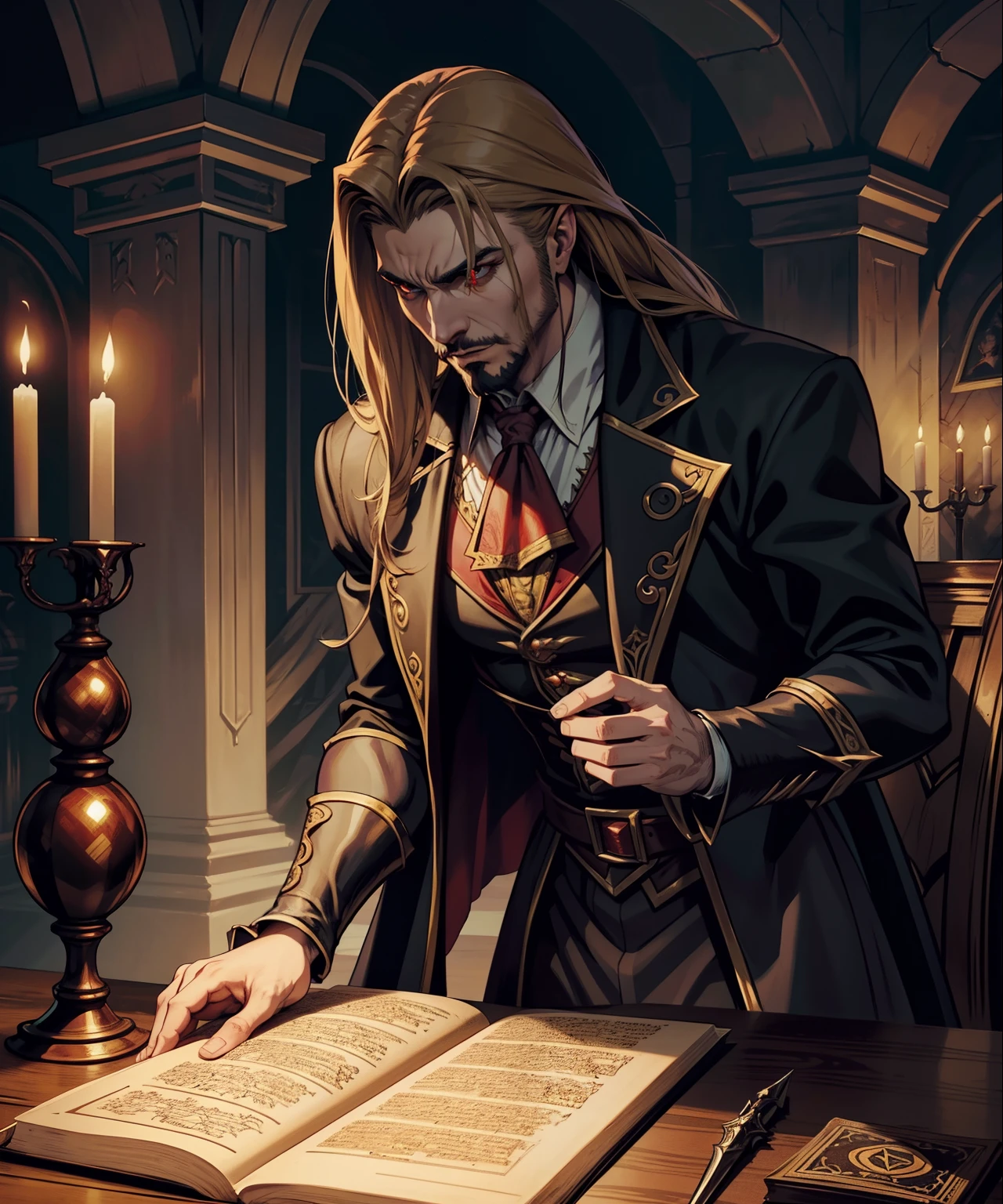 Castlevania Shadow Lord hyper realistic super detailed Dynamic shot centerpiece of Lord Dracula discussing ancient manuscripts with hyper realistic scholarly demons great scenes