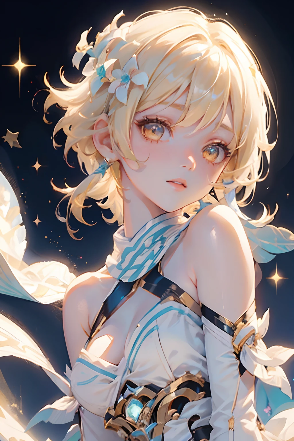 1 girl solo, short blond hair, white flower hair ornament, white dress, bare shoulders, detached sleeves, long white stockings, fingerless gloves, iridescent light, glowing rainbow crystals, sparkles, stars, floating in space, dark background with stars and galaxies, ((portrait closeup face))