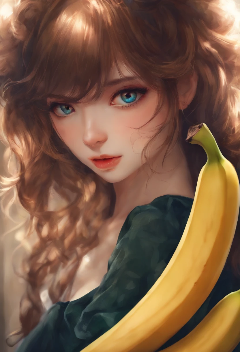 Anime Girl, wearing skin in the kitching, saugt an einer Banane