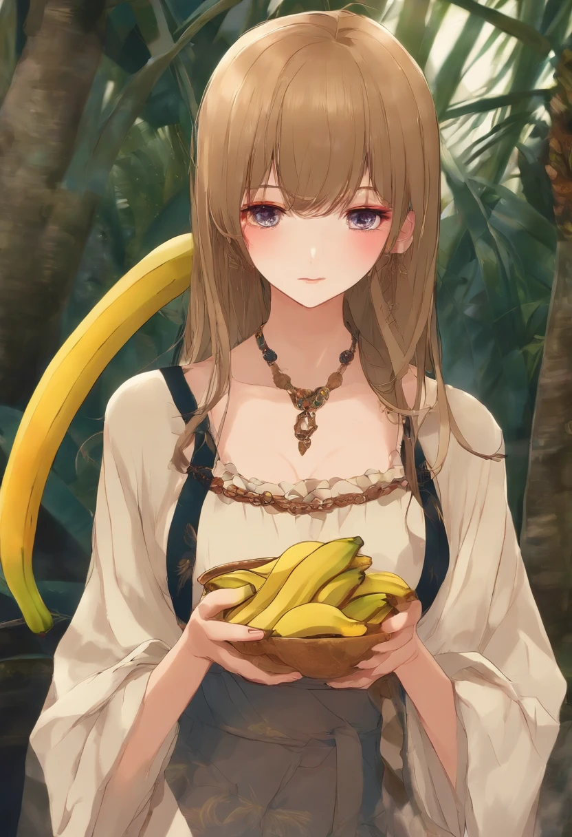 Anime Girl, wearing skin in the kitching, saugt an einer Banane