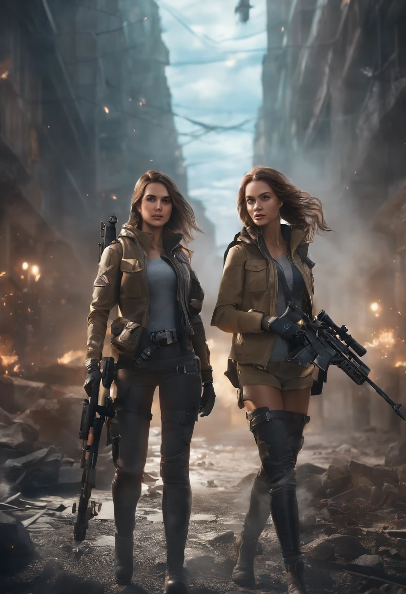 ((High quality)), ((masutepiece)), 8K, 2girls, bulletproof vest, llight rays, Highly detailed CG Unity 8K wallpaper, Game CG, Looking at Viewer, gloves, long boots, Full body, Watch, a computer, Mask, drone, holding weapon, headphones, Jacket, (Background Destruction City , explosions , Smoke