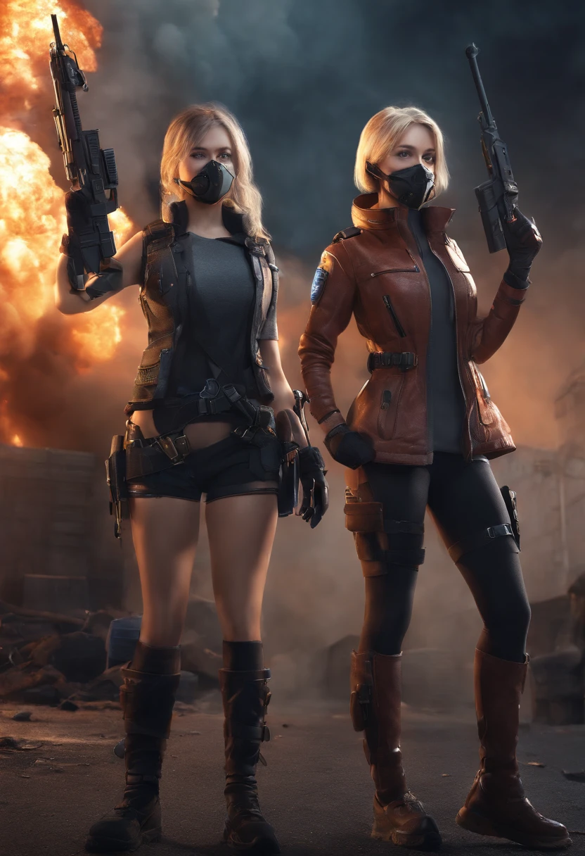 ((High quality)), ((masutepiece)), 8K, 2girls, bulletproof vest, llight rays, Highly detailed CG Unity 8K wallpaper, Game CG, Looking at Viewer, gloves, long boots, Full body, Watch, a computer, Mask, drone, holding weapon, headphones, Jacket, (Background Destruction City , explosions , Smoke