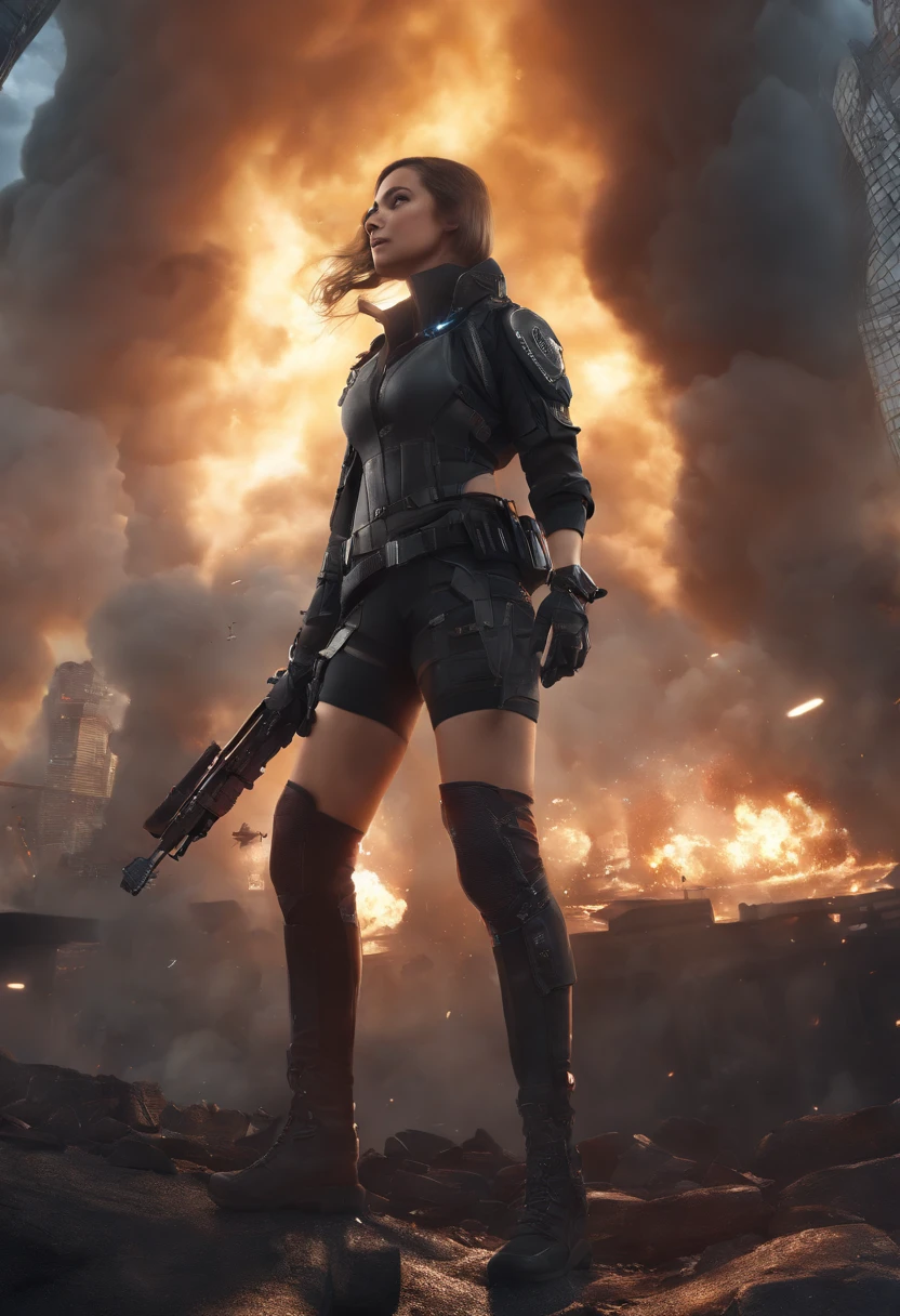 ((High quality)), ((masutepiece)), 8K, 2girls, bulletproof vest, llight rays, Highly detailed CG Unity 8K wallpaper, Game CG, Looking at Viewer, gloves, long boots, Full body, Watch, a computer, Mask, drone, holding weapon, headphones, Jacket, (Background Destruction City , explosions , Smoke