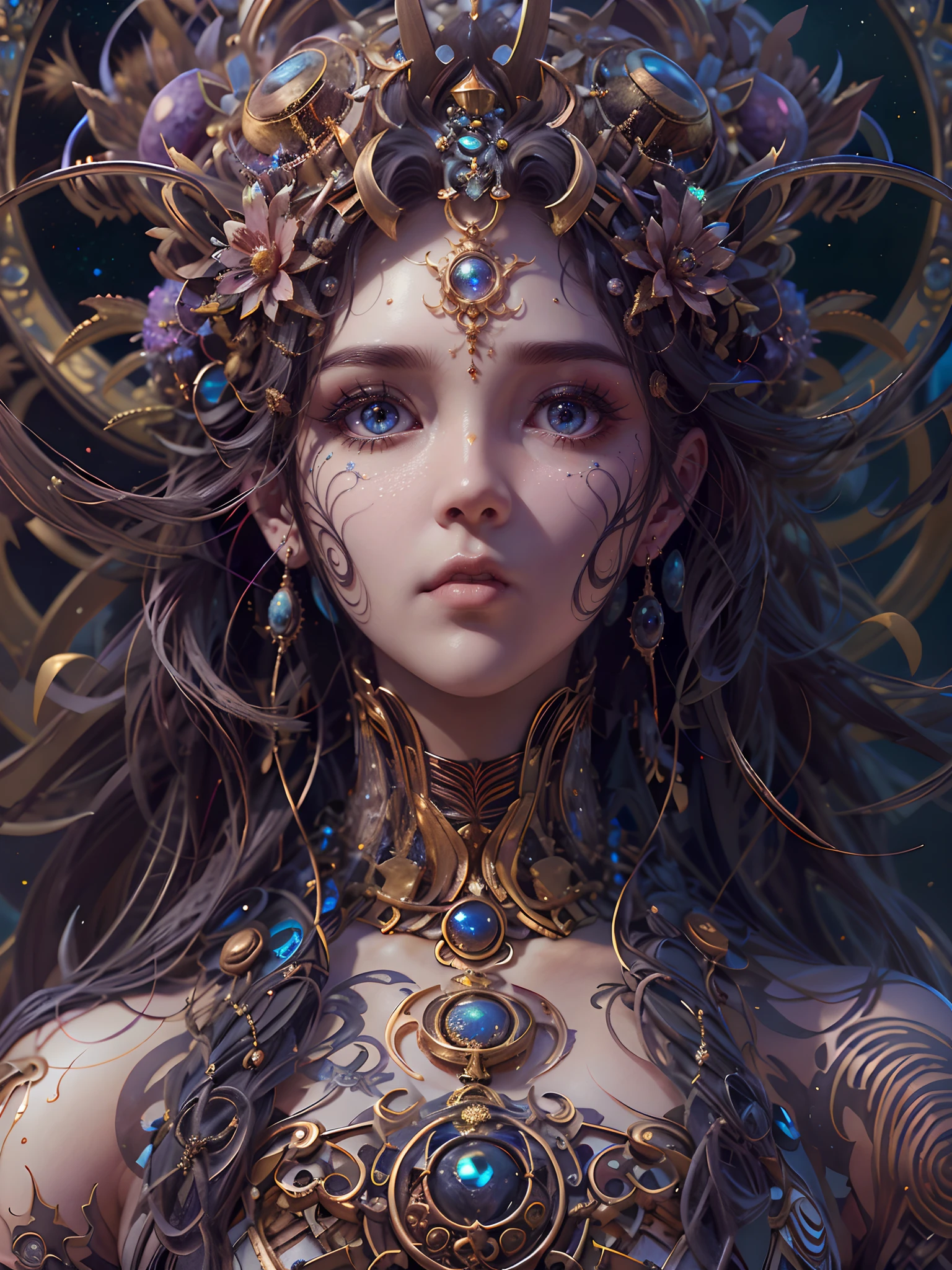 （best qualtiy，ultra - detailed，Most Best Illustration，Best shadow，tmasterpiece，A high resolution，professionalartwork，famousartwork），Detailed eyes，beautidful eyes，closeup cleavage，sci-fy，colored sclera，Robot eyes，face markings，Tattooed with，（fractalized，Fractal eyes），largeeyes，Wide eyes，（Eye focus），sface focus，Cosmic eyes，Space eyes，Close-up of metal sculpture of a woman with a moon in her hair，goddes。extremly high detail，3 d goddess portrait，Extremely detailed footage of the goddess，a stunning portrait of a goddess，Side image of the goddess，portrait of a beautiful goddess，Full body close-up portrait of the goddess，hecate goddess，portrait of a norse moon goddess，goddess of space and time