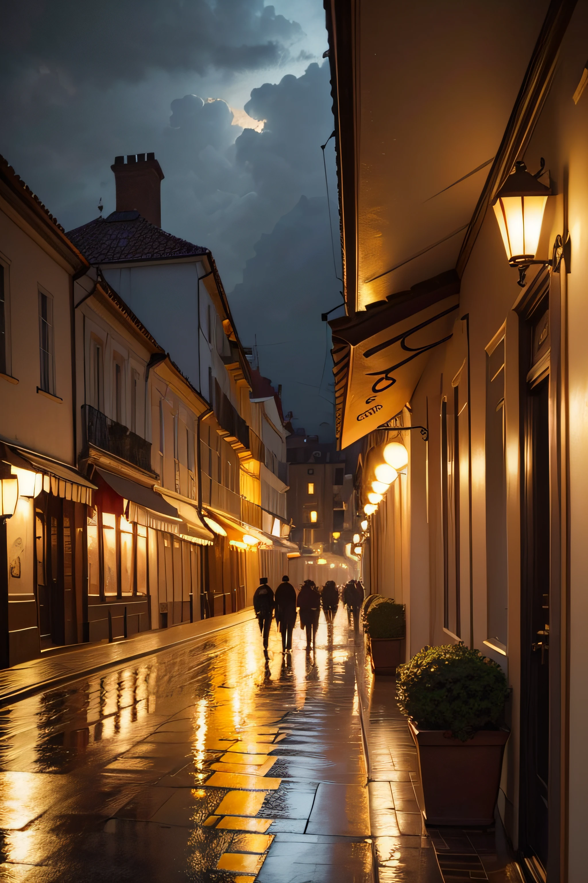 Oil painting of sunset in a European city from the 1940s, with beautiful neoclassical and French buildings, La tarde es lluviosa y se pueden ver los reflejos de personas en el pavimento, Elegant atmosphere, muchos detalles, Render Lumion 8K, Renderizar la arquitectura del motor irreal, muchos detalles, Cinematic yellow lighting in warm tones, Image in the style of an impressionist oil painting, Muchá, Manet Cézanne.