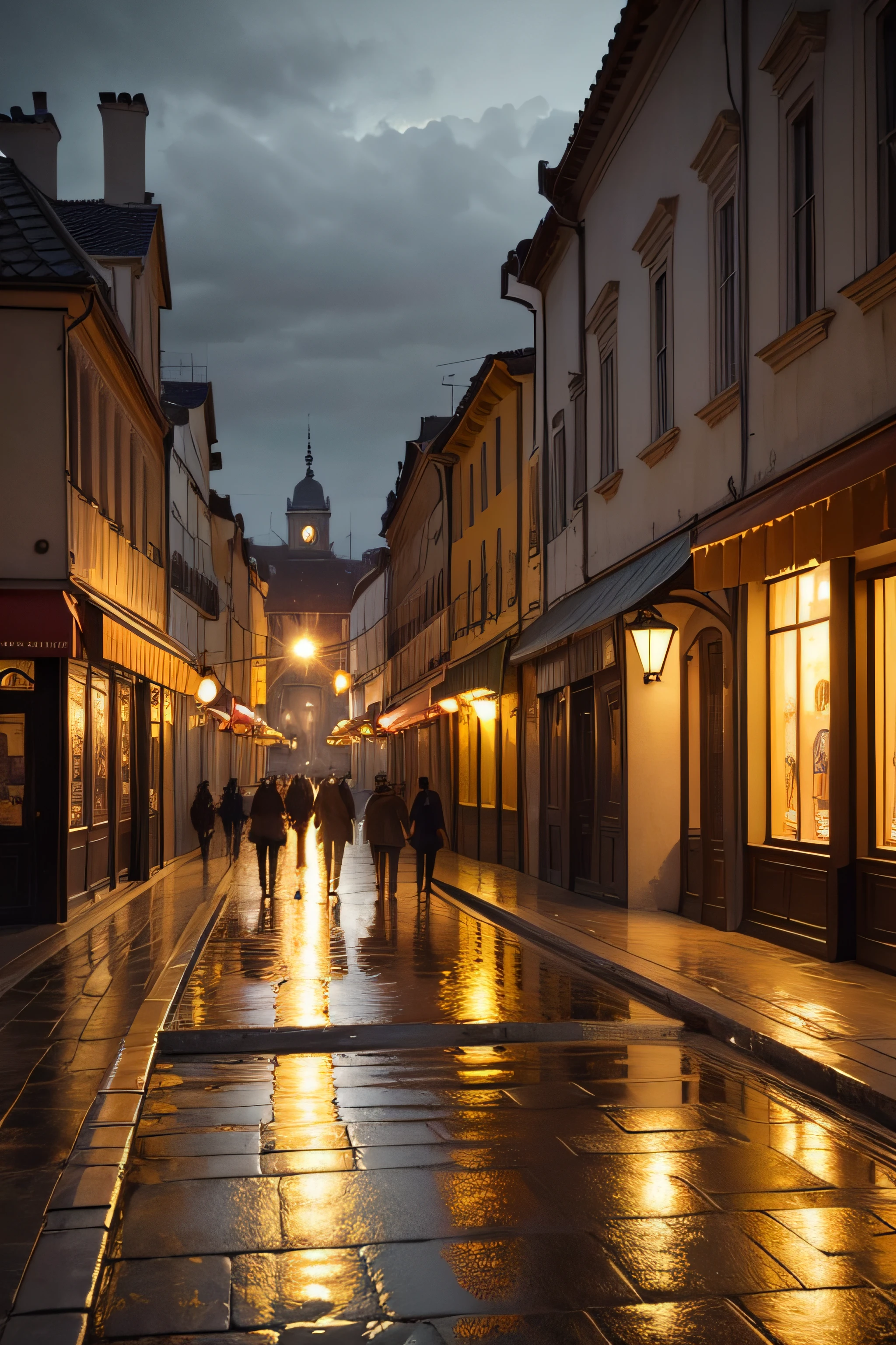 Oil painting of sunset in a European city from the 1940s, with beautiful neoclassical and French buildings, La tarde es lluviosa y se pueden ver los reflejos de personas en el pavimento, Elegant atmosphere, muchos detalles, Render Lumion 8K, Renderizar la arquitectura del motor irreal, muchos detalles, Cinematic yellow lighting in warm tones, Image in the style of an impressionist oil painting, Muchá, Manet Cézanne.
