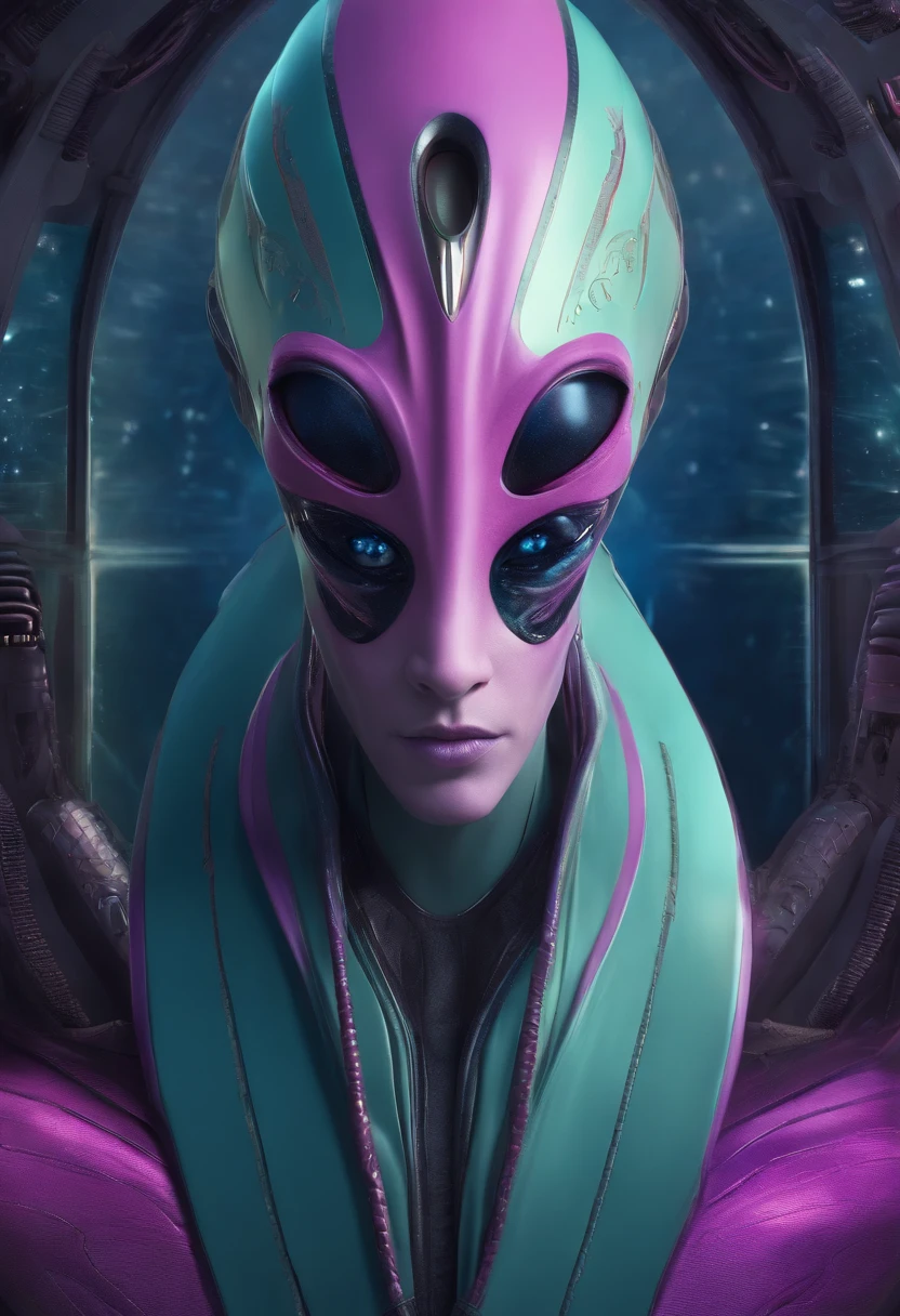 A blue alien with an elongated head of light, Eyes, big nose, small, slender body enter a starship wearing a realistic futuristic alien costume, a hyper-detailed alien, pink and purple and alien, alien looking, space alien Ete-Grey , Portrait of a large alien pupil Almond Exotic alien Pink Portrait of a humanoid alien, An alien, alien portrait, Hybrid alien Long-headed affectionate alien, futuristic alien features. ( Detalhes borrados do navio futurista) neon cybernetic clothing symbols