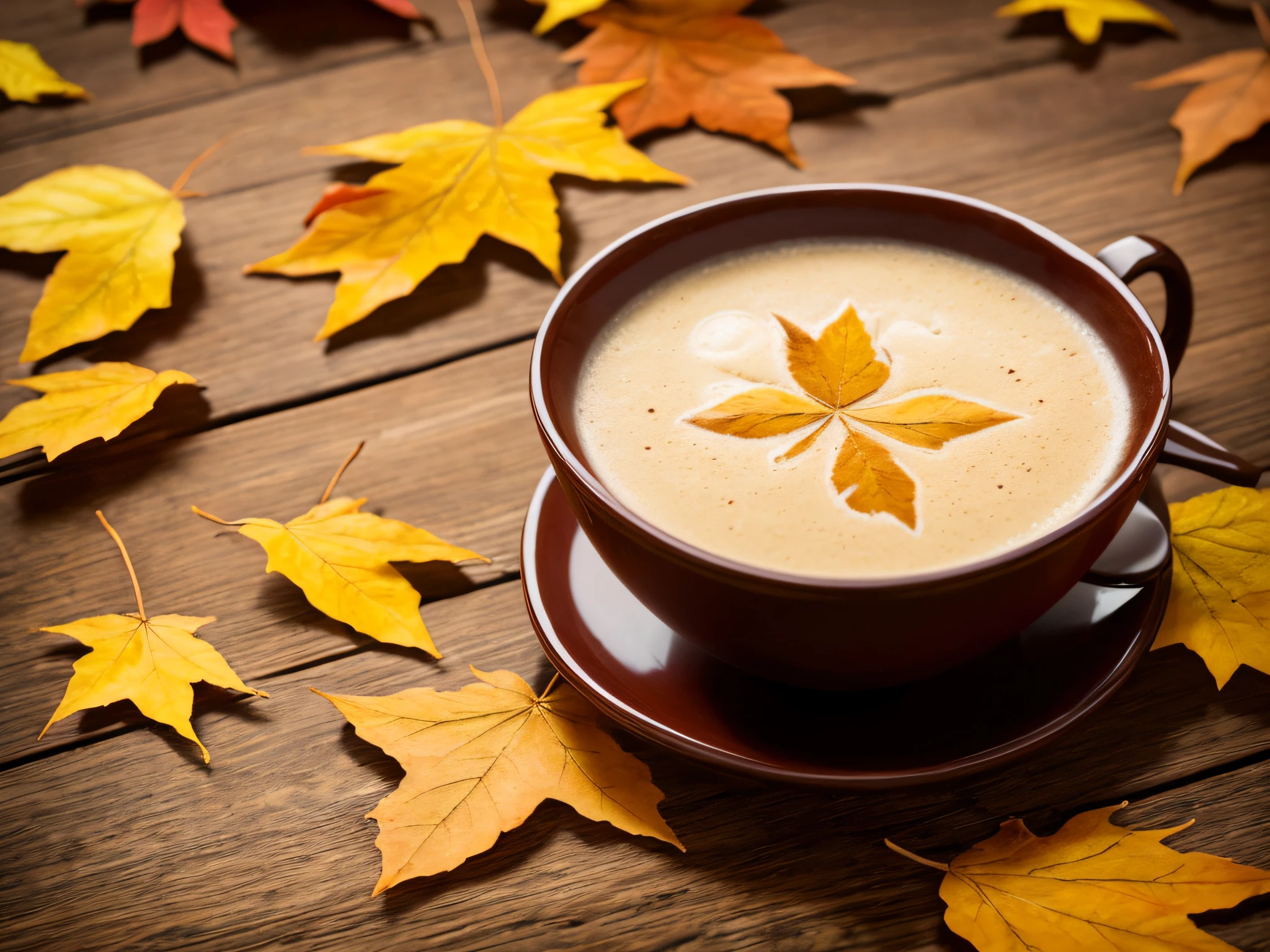 La mejor calidad,4k,8k,Altas Resoluciones,Obra maestra:1.2,Ultra detallado,realista,fotorrealista:1.37 Close-up of a steaming cup of hot milk on a rustic table depicting autumn,Autumn atmosphere,Profundidad de campo vertical de madera,terroso,Organic fine porcelain tea cup,vapor que se eleva de la copa,Visible wisps of steam Autumn leaves scattered on the table,algunas hojas cayendo en el fondo,Fallen leaves on soft soil,Filtered natural lighting,Warm golden tones Subtle bokeh effect,Some parts of the background are out of focus Detailed table texture,granos visibles e imperfecciones rico,Deep colors that evoke the feeling of the autumn season Attention to fine details such as condensation drops in the cup Emphasis on the warmth and comfort of the scene Light hint of cinnamon or nutmeg in the air,sugiriendo un toque de especias en la bebida.
