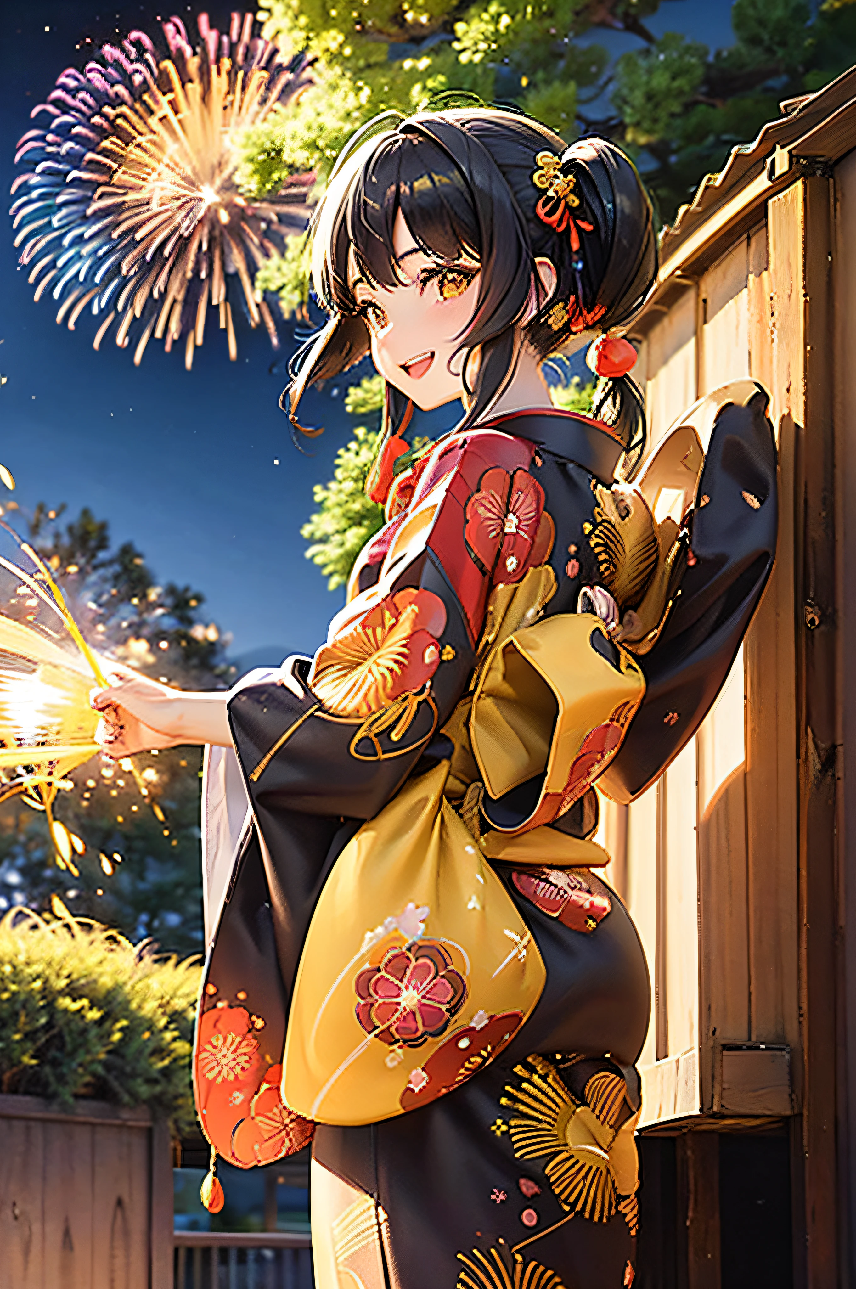 in 8K、超A high resolution、Best Quality、masutepiece (gargantuan butt、Toned body:1.1)(Dark blue yukata with fireworks pattern、Not isolated、Does not expose the skin:1.3)(Summer Festivals:1.3) (Short black-haired chignon:1.2)Big eyes smiling happily、Distinct double eyelids、Lashes、Highlights in the eyes、Light brown eyes、Pinclip Gloss、piercings、Red garland clogs、(stick out buttocks、bending forward:1.4)