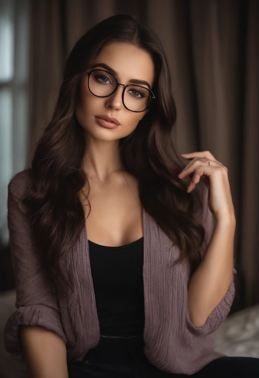 arafed woman sexy clothes, sexy girl with brown eyes, portrait sophie mudd, black hair and large eyes, selfie of a young woman, bedroom eyes, violet myers, without makeup, natural makeup, looking directly at the camera, face with artgram, sexy makeup, stunning full body shot, wearing black glasses  , cleavage
