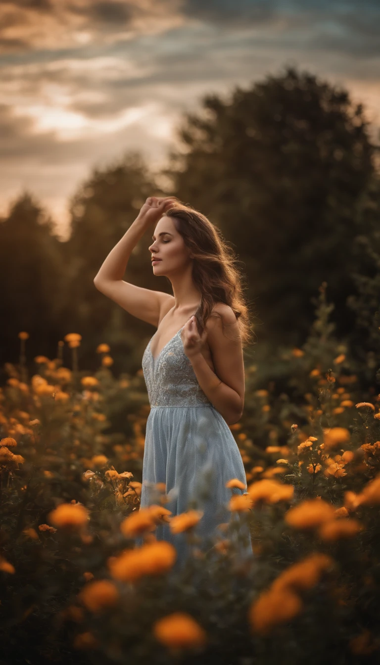 Beautiful girl full body dress silk dress delicate and beautiful,the detail,realisticlying,Ultra Realistic Photo,8k UHD,digital SLR camera,The sun shines in the forest ,high high quality,filmgrain,Wildflowers are beautiful,The morning sun overlaps,Beautiful