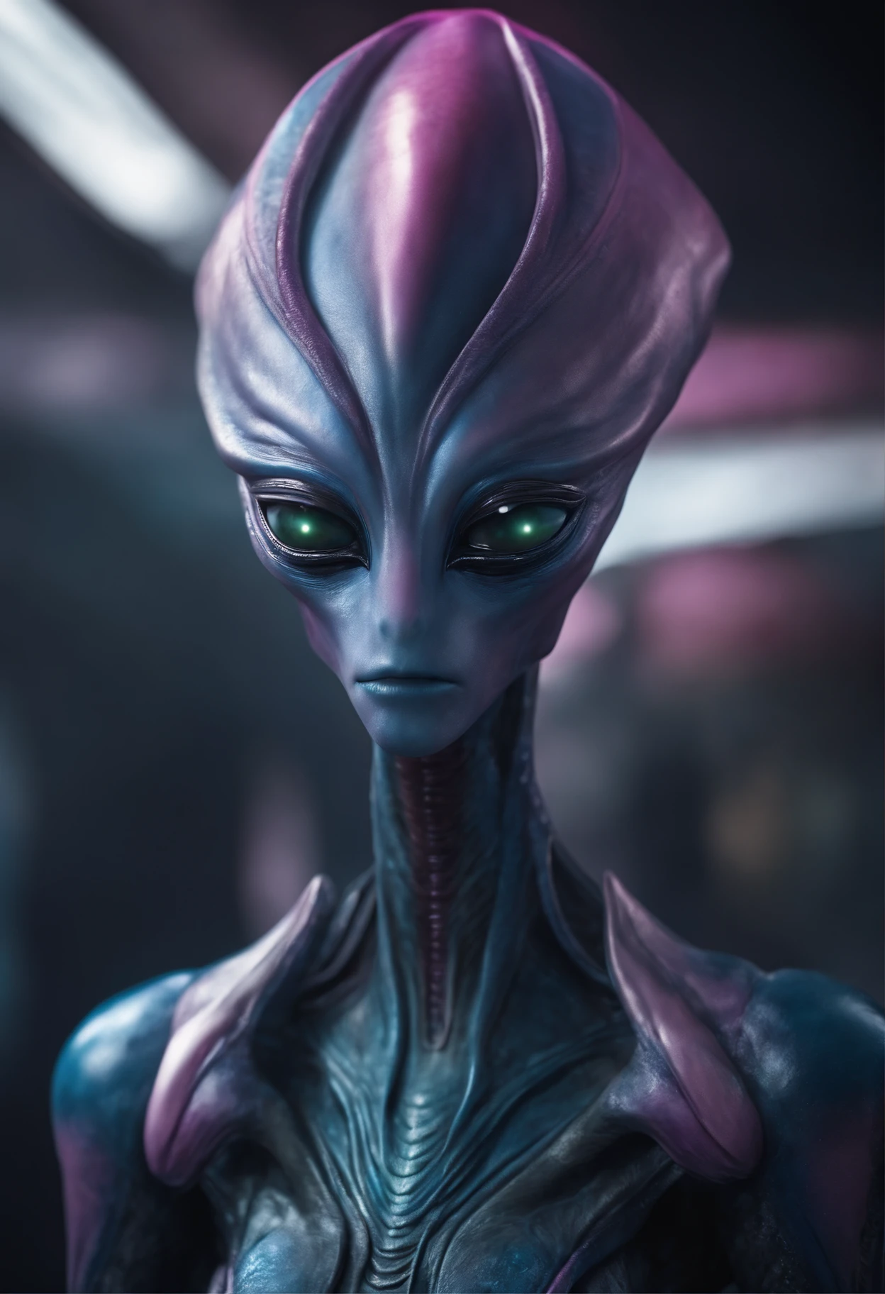 A blue alien with an elongated head of light, Eyes, big nose, small, slender body enter a starship wearing a realistic futuristic alien costume, a hyper-detailed alien, pink and purple and alien, alien looking, space alien Ete-Grey , Portrait of a large alien pupil Almond Exotic alien Pink Portrait of a humanoid alien, An alien, alien portrait, Hybrid alien Long-headed affectionate alien, futuristic alien features. ( Detalhes borrados do navio futurista)