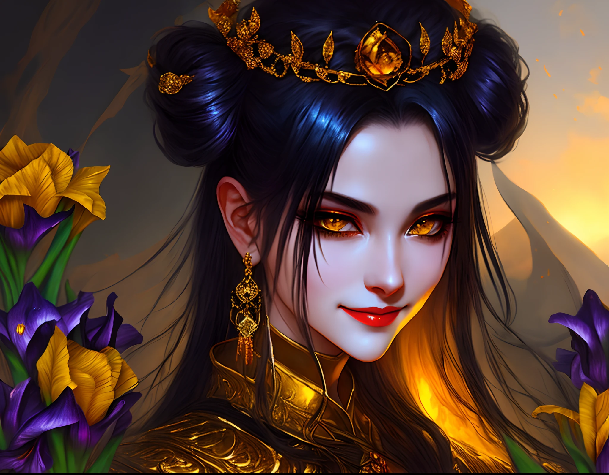 A succubus queen smiles as she gazes into your eyes, molten gold irises boring into yours.