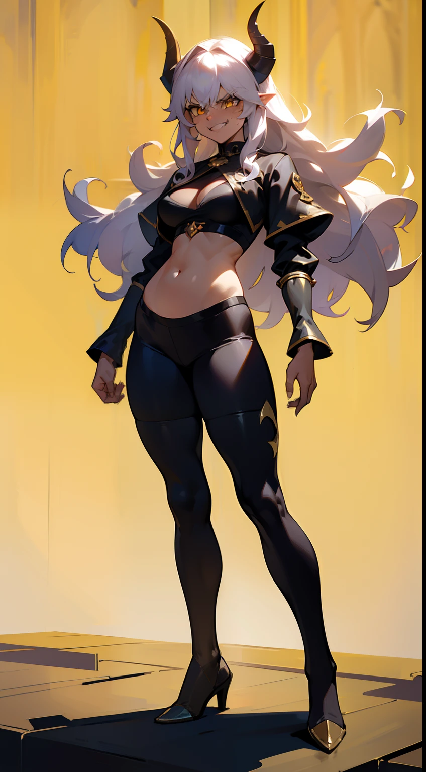 girl,brown skin, hidden arms,long hair, white hair,curly hair,yellow eyes,(((villain,psycho,villain smile, psychopath, angry))), medium boobs,show belly,gold armor outfit, black small shirt,long black stockings, detailed clothes, masterpiece, hyper realistic, high definition,black horns,black pantyhose,elves ears,sexy body,full body,(((standing inside of a castle)))