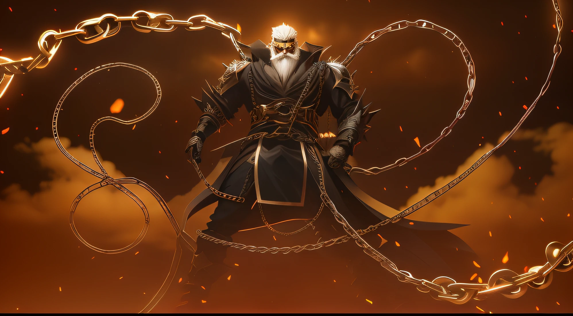 anime character white beard with chains and a darkness in the background, death god, chained man, rendered, the the man is wrapped in chains, badass pose, human angel, chain conjuring armoured , badass composition, badass look, male god, by Ren Bonian