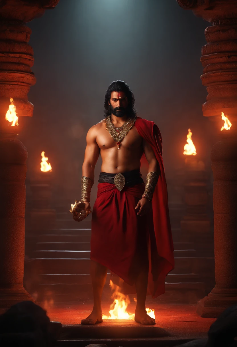 Ravan, king or srilanka ,a 52 years old man,  proper eyes, proper hands, proper legs, moderate stature, has a big tail, Fire on the background, strongly built, broad-chested, narrow-waisted, and long-armed, big gada in his hand, in a dark kings chamber, dark background (Professional 3D rendering:1.3) by (Realistic:1.3) World's most beautiful art picture, Features soft, dark complexation male heroes ,  ((Epic Ravan the destroyer, fantasy rough muscular man wet hero angry look long hair, clean shaved, long face and fierce expression in ordering to start the war pose, wearing a deep red robe, inside a temple, burning fire lights in the background, dark dangerous environment)), full body 8k unit render, action shot, skin pores, very dark lighting, heavy shading, detailed, Detailed face, (vibrant, photorealistic, Realistic , Dramatic, Dark, sharp focus, 8k), (deep red and black with heavy jewelry r:1.4), (intricate:1.4), decayed, (highly detailed:1.4), painting digital, rendering by octane, art stations, Concept-Art, smooth, sharp focus, illustration, germ of art, (Loish:0.23), Wlop Ilya Kuvshinov, and Greg Rutkowski and Alphonse Mucha Gracias, (global illumination, studiolight, Light Volumetric ), heavy rain, floating particles, scoundrel, fantasy, Eleven, full bodyesbian, ((Dark jungle background:1.3)),CGSesociedade,art stations