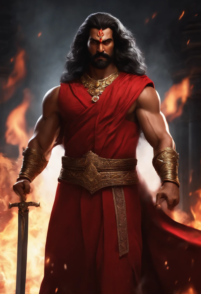 Ravan, king or srilanka ,a 52 years old man, proper eyes, proper hands, proper legs, moderate stature, has a big tail, Fire on the background, strongly built, broad-chested, narrow-waisted, and long-armed, big gada in his hand, in a dark kings chamber, dark background (Professional 3D rendering:1.3) by (Realistic:1.3) World's most beautiful art picture, Features soft, dark complexation male heroes , ((Epic Ravan the destroyer, fantasy rough muscular man wet hero angry look long hair, clean shaved, long face and fierce expression in ordering to start the war pose, wearing a deep red robe, inside a temple, burning fire lights in the background, dark dangerous environment)), full body 8k unit render, action shot, skin pores, very dark lighting, heavy shading, detailed, Detailed face, (vibrant, photorealistic, Realistic , Dramatic, Dark, sharp focus, 8k), (deep red and black with heavy jewelry r:1.4), (intricate:1.4), decayed, (highly detailed:1.4), painting digital, rendering by octane, art stations, Concept-Art, smooth, sharp focus, illustration, germ of art, (Loish:0.23), Wlop Ilya Kuvshinov, and Greg Rutkowski and Alphonse Mucha Gracias, (global illumination, studiolight, Light Volumetric ), heavy rain, floating particles, scoundrel, fantasy, Eleven, full bodyesbian, ((Dark jungle background:1.3)),CGSesociedade,art stations