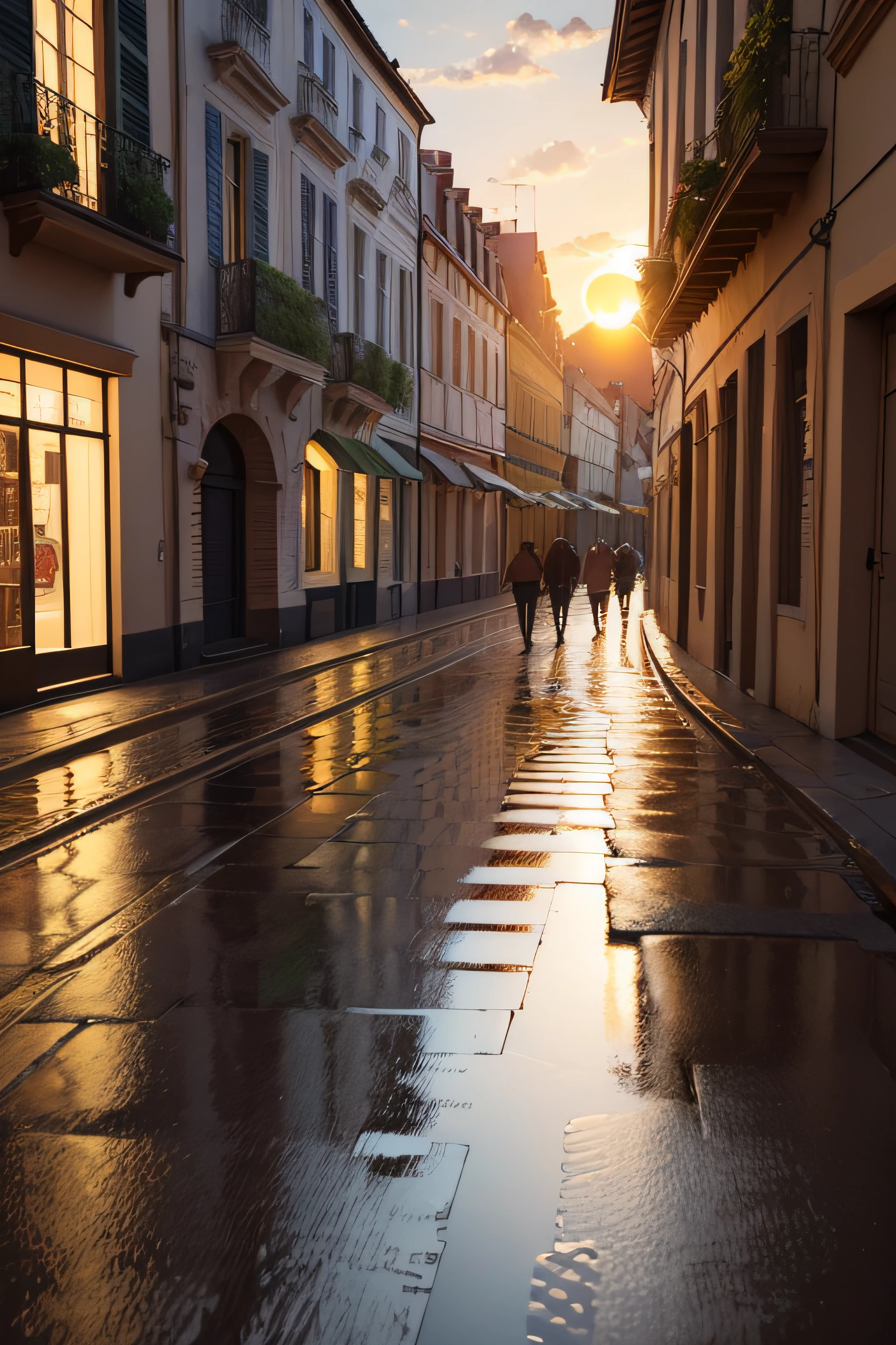 Oil painting of a sunset in a European city from the 40s, with beautiful neoclassical and French buildings, The afternoon is rainy and you can see the reflections of people on the pavement, you can see the sun, Elegant atmosphere, many details , Render Lumion 8K, Render unreal engine architecture, many details, Yellow cinematic lighting in warm tones, Image in the style of an impressionist oil painting, Muchá, Manet Cézanne.