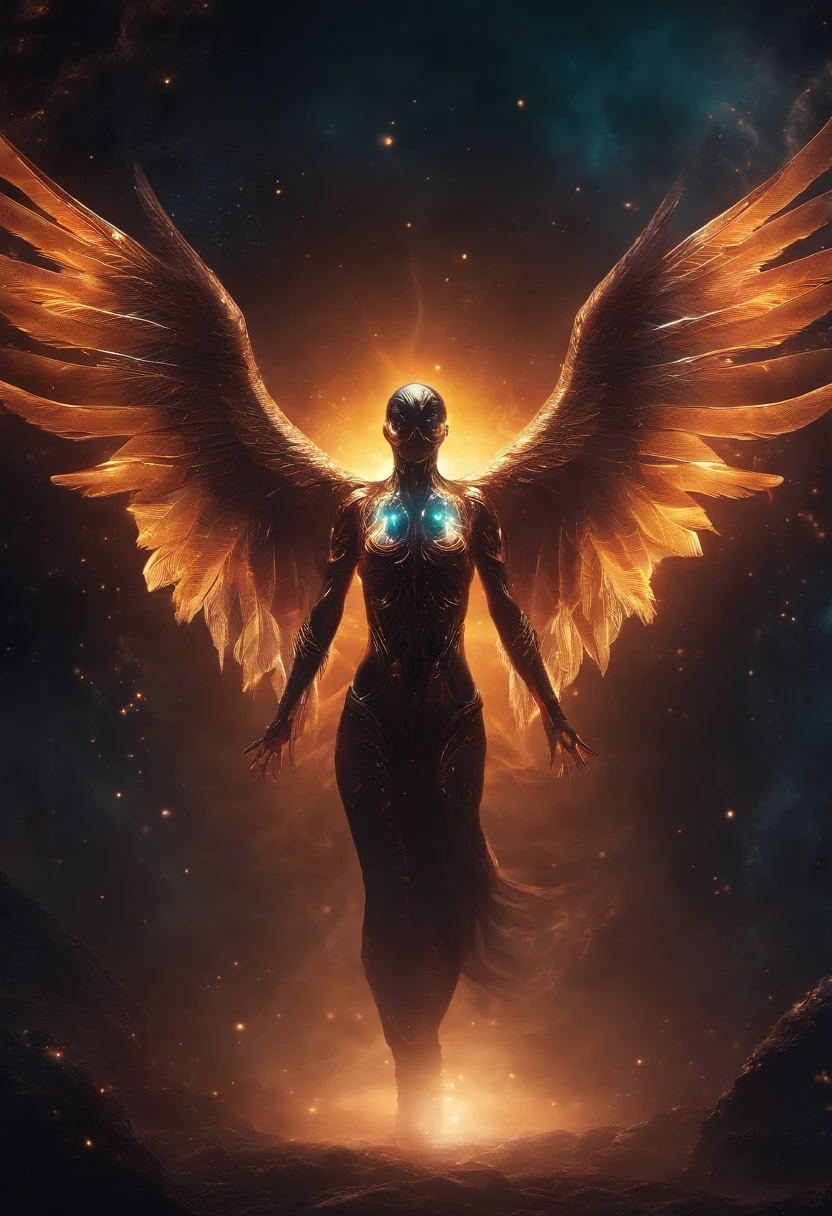 Fallen Angels of the Universe, glowing light eyes, biomechanical, eery, creepy, nightmarish, Very bright colors, light Particle, with light glowing, Musif, Wallpaper Art, UHD Wallpapers