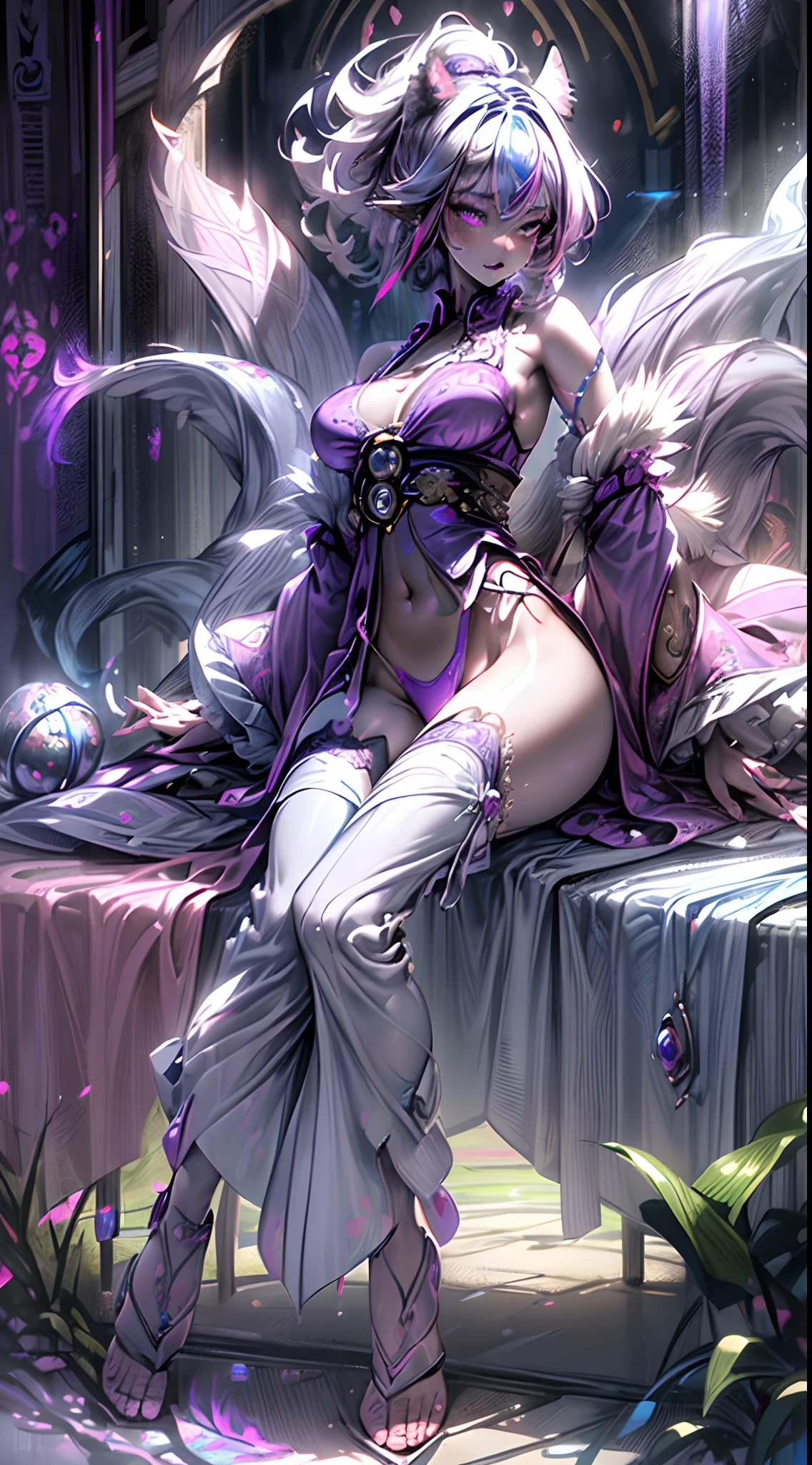 spiritual blue fire fluffy fox girl, (fluffy fox ears, fluffy fox tail), (spirit, spiritual:1.4), (blue fire:1.5), 1girl, perfect and well designed glowing shiny eyes, (beautiful detailed eyes:1.05), (big breasts:1.35), slim body, beautiful and delicate cute face, (face detail), ((realistic face)), pores, ((pale grey skin)), detailed skin, realistic skin, (((bioluminescence))), ((shiny skin)), (fangs:1.5), (multicolored gradation skin), (monster girl:1.25), (fur body:1.4), human face, medium length hair, hair voluminous, (((((multicolored gradation hair))))), super high resolution, 8k, parameters Best quality, (masterpiece:1.4), (magic accessories:1.4), bracelets, extremely detailed thick tight ({nylon|lycra}:1.5) pastel bright ((dark blue, (blue:0.4), silver:1.3), (pink, purple:0.75)) ornate ({(satin:0.9)|(lace:1.4)} (white-pink dress shirt with stand-up collar:1.5), (purple kimono vest:1.35), (bright-red kimono sleeves:1.35), (dark-purple tight pants:1.5)), (bare shoulders:1.6), (standing nipples under cloth:1.25), (cameltoe:1.7), (ornaments on clothing:1.5), (neckline:1.3), (cleavage:1.3), decolette, navel, Young Girl, Little Beast, (Smile:0.7), (pale Skin:1.4), (((flower tattoos all over body, flower tattoos all over legs))), ultra detailed, photorealistic, ((Real image)), (best quality:1.4), super high resolution, (Realistic 2.0), More details, (((1girl))), (laying on bed:1.25), (spacious bedroom:1.5), city and buildings behind a window, futuristic, cyberpunk, magic technologies, (beautiful and aesthetic:1.2), (fractal art:1.4), (cinematic light:1.1), (close DUTCH ANGLE:1.3), 16K, HDR, RTX, Ray Tracing, Radiosity, Anisotropic Filtering, Subsurface Scattering, (((magic lights))), metallic reflections, Detailed, Realistic, 4k highly detailed digital art, (cool_color), extremely detailed CG unity 8k wallpaper, vibrant colors, (seductive pose:1.6), (spread legs:1.2)
