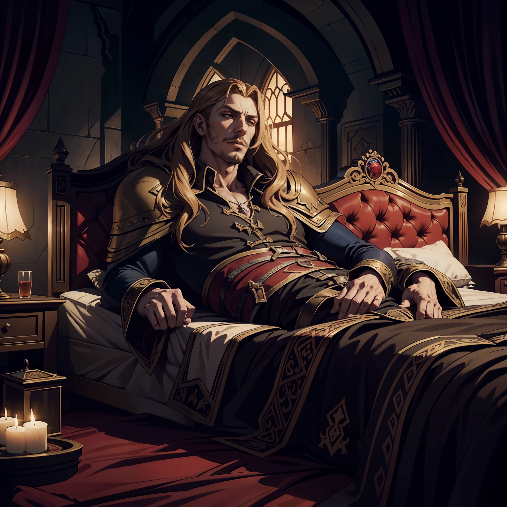 Castlevania Lord of the shadows hyper realistic super detailed Dynamic shot master piece scene cinématique scènes movie Epic Legendary Lord Dracula sleeping in moroccan legendary bedroom hyper realistic super detailed