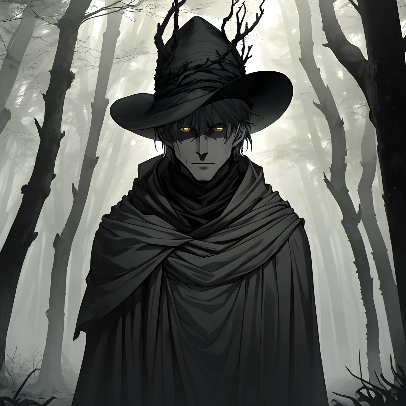 A man with a sack is walking in a dark forest, under the pale moonlight. The man has a mysterious and sinister appearance, wearing a tattered cloak and a wide-brimmed hat. The details of his face are hidden in shadows, but his piercing and glowing eyes are visible, indicating his malevolent intentions. The sack he carries is bulging and appears to be heavy, arousing curiosity about its contents. The forest is dense and eerie, with twisted trees, creeping vines, and eerie fog wafting through the air. The atmosphere is filled with suspense and a sense of impending danger. The overall image quality is of the best quality, with every detail captured in ultra-detailed and realistic fashion. The colors are dark and desaturated, enhancing the gloomy and sinister feel of the scene. The lighting is low-key, with dramatic and theatrical lighting effects, casting long shadows and emphasizing the mysterious atmosphere. The art style is a combination of horror and dark fantasy, portraying a haunting and unsettling scene.