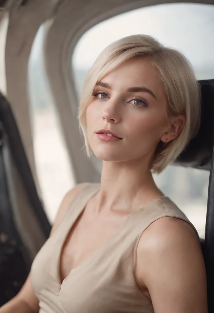 A blond young sexy woman with short hair and hot clothes sits on a seat in a spaceship and the window can show beautiful staras