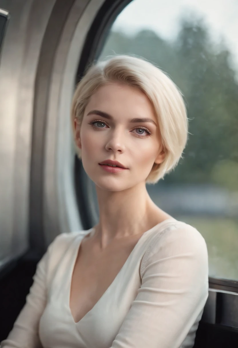 A blond young sexy woman with short hair and hot clothes sits on a seat in a spaceship and the window can show beautiful staras