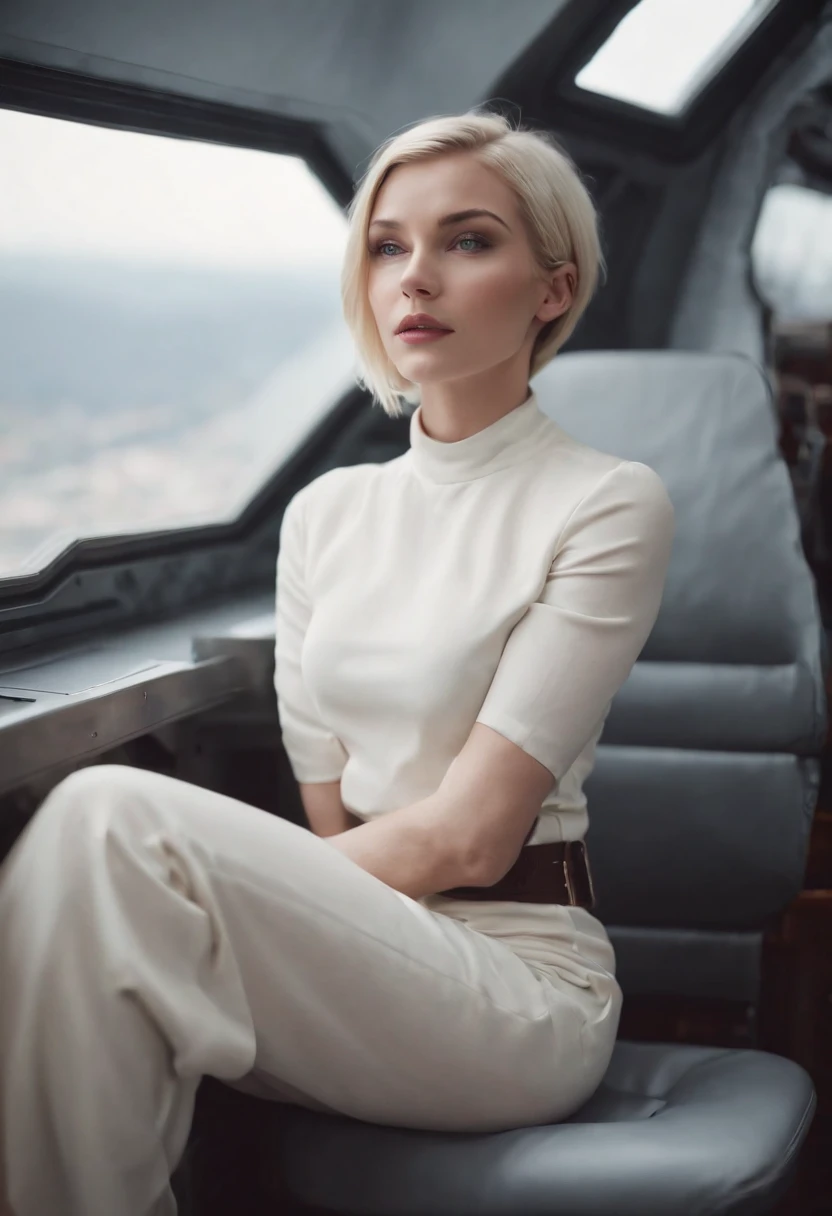 A blond young sexy woman with short hair and hot clothes sits on a seat in a spaceship and the window can show beautiful staras