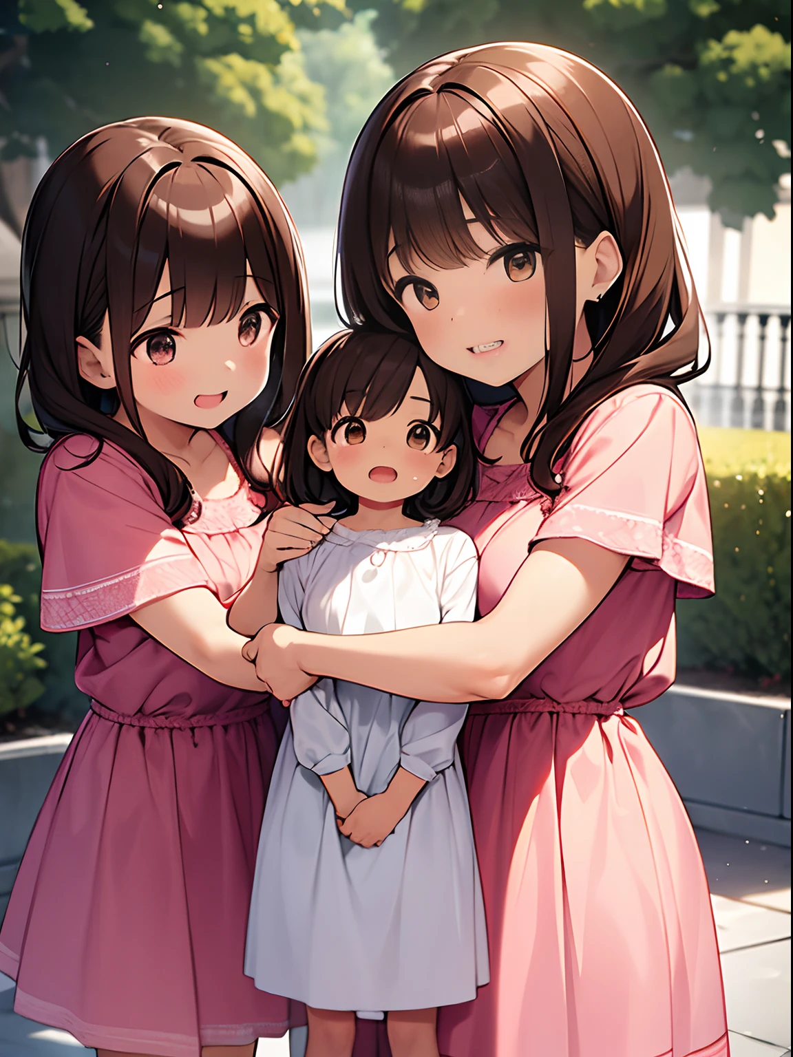 Cute little brown-eyed boy 5 with thick brown hair dressed in pink girly dress, Offended expression on his face, next to 2 older laughing sisters; Full-length photograph from a short distance, Anatomical realism, high quality textures, higly detailed