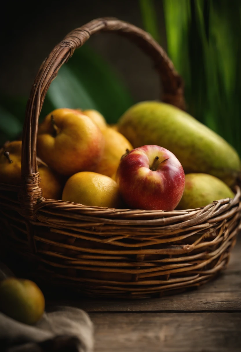 Fruit in a bamboo basket、many