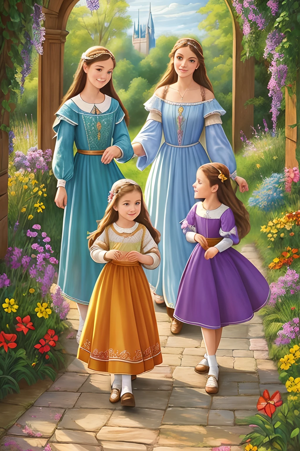 Disney Pixar cartoon style (high resolution: 1.2),Happy moment, medieval mother and three daughters, go shopping at village market, cheer, bunnies and duck, beautiful detailed eyes, lush green garden, long flowing hair, traditional medieval clothes, castle in the background, soft natural light, portrait, realistic colors, tranquil atmosphere, immaculate details, classic oil painting, antique style, jewel-toned stained glass windows, flowers blooming lushly, butterflies and birds flutter around, stories and mysteries revealed, an enchanting tale of love and family. cute face.