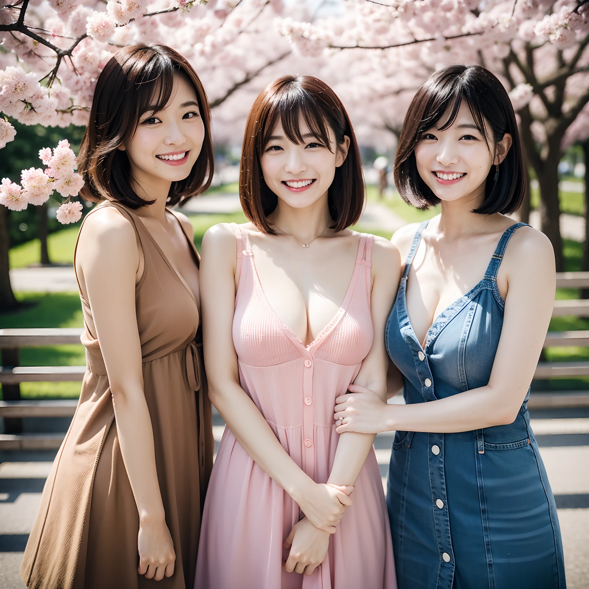 The season is spring、Cherry blossoms are blooming、Two Japan women taking photos in a park on the Sumida River in Japan、One was a 27-year-old woman.、small breasts with loose fluffy long bob hair、One is a 31-year-old woman with small breasts and long bobs...The two are having fun、small tits、Small、discreet breasts、I'm wearing a sleeveless dress、I'm wearing a cardigan、street snap、Adult personal clothes、ssmile、Look at me with a kind smile.、The background is Tokyo、The bra is visible through the gap in the sleeves、I'm seducing you by showing you my bra、Brachira、You can see the bra through the gap
