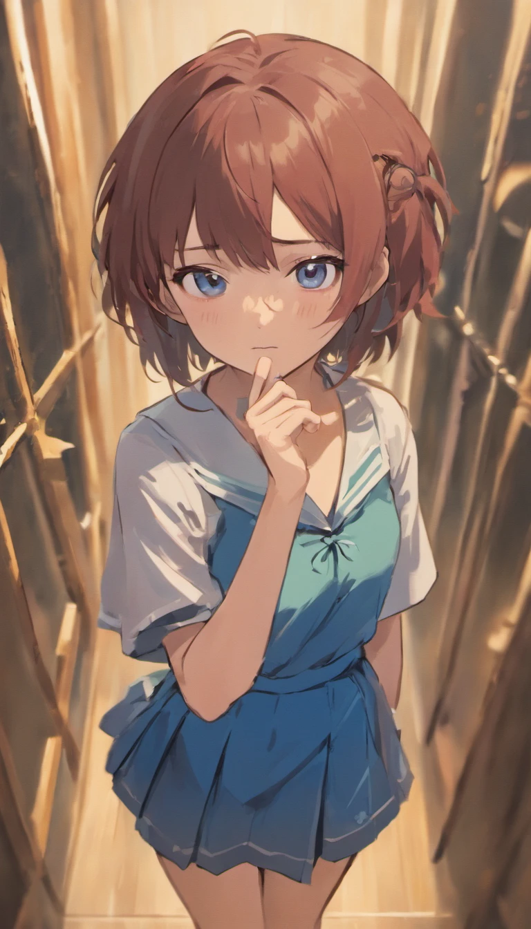 1girl,solo,anime,animation,kyouto animation style,(suzumiya_haruhi),,brown eyes, medium hair, serafuku, blue sailor collar, blue skirt,standing,(crossed arms),(Literature Club room),anguish,troubled eyebrows,looking away,masterpiece,best quality,ultra-detailed,highres,high-resolution,extremely detailed CG,4K,8K,super fine illustration,super detailed skin,highly detailed,highly detailed background,hires,perfect anatomy,beautiful detailed eyes,perfectly crafted,cinematic lighting,dynamic lighting,anime,animation