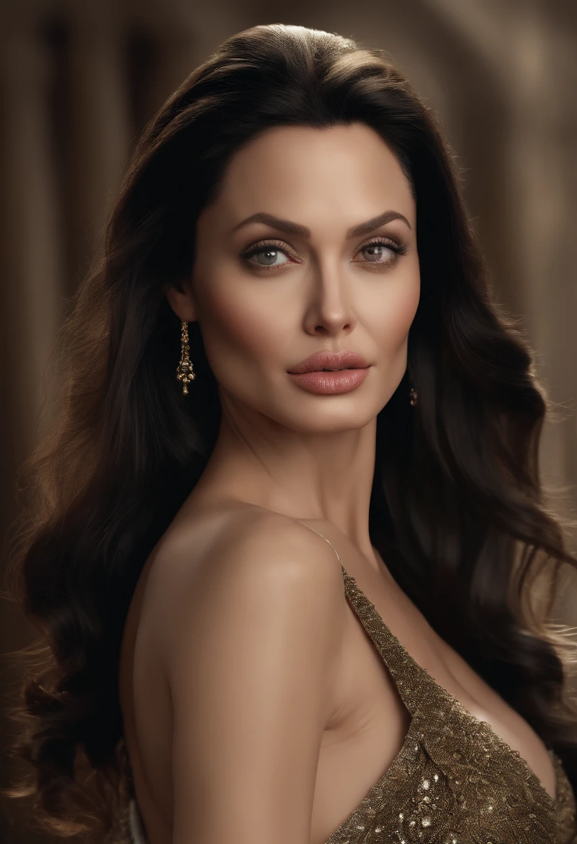Angelina Jolie, 8k, UHD, best quality, real picture, intricate details, ultra-detailed, ultra high resolution, depth field, photorealistic, (realistic:1.2),masterpiece, 0.4 :: (full-body shot:1.35) , straight-on shot, 1girl, (black hair:1.2),  long hair, low-tied_long_hair, single_braid, shiny skin, detailed , flawless skin, fair skin, (huge breasts:1.35), light blush, red lipstick, solo, looking at viewer, nsfw, shaved , full nude, naked, hight detail vagina, erotic, bent over (detailed )
