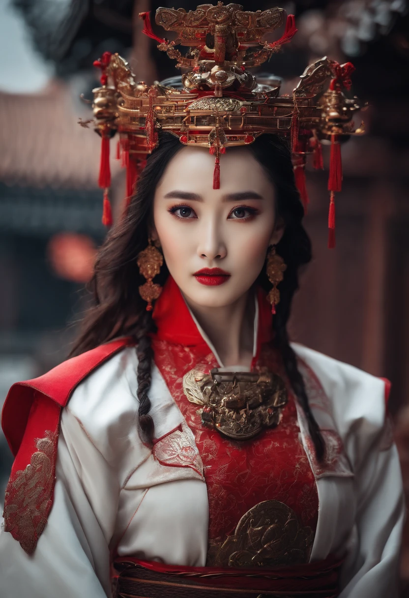 Yang Mi face shape,Mechanical Samurai,red theme,Future urban background。Resolution 1920*1080