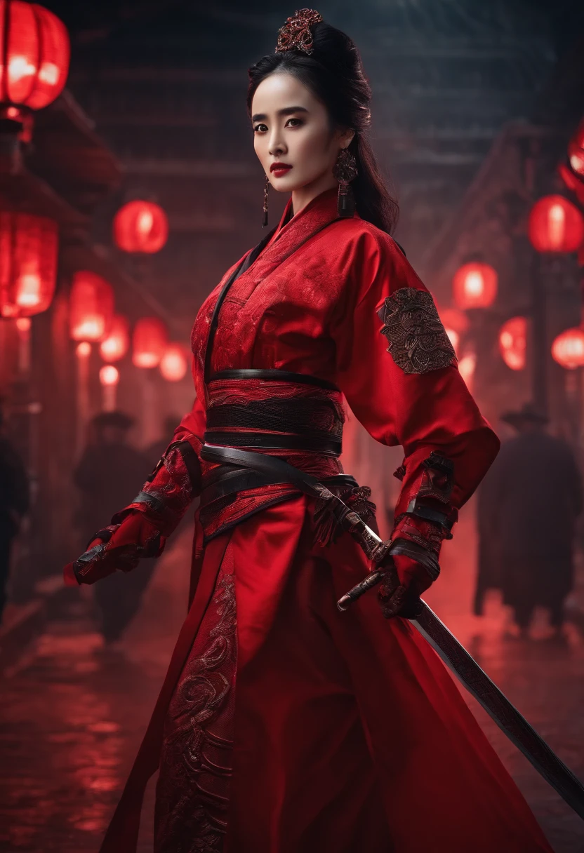 Yang Mi face shape,Mechanical Samurai,red theme,Future urban background。Resolution 1920*1080