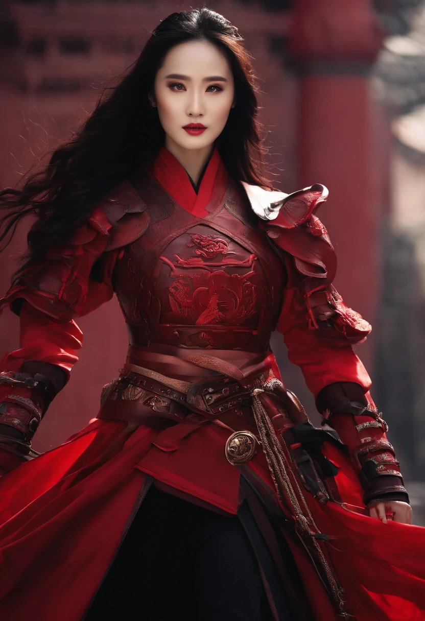 Yang Mi face shape,Mechanical Samurai,red theme,Future urban background。Resolution 1920*1080