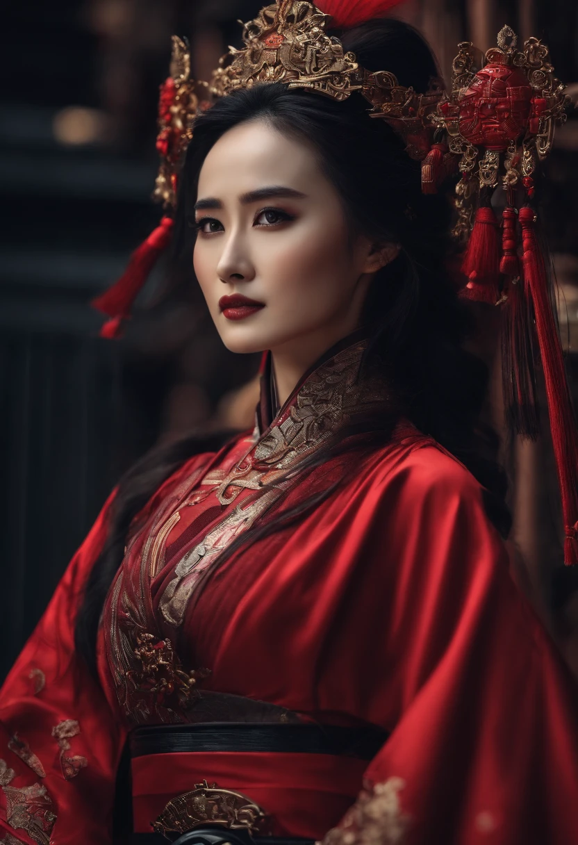 Yang Mi face shape，Mechanical Samurai，red theme，Future urban background。Resolution 1920*1080