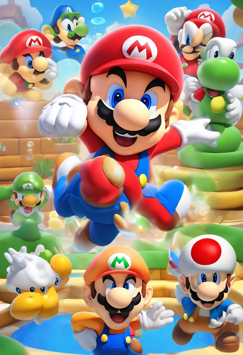 (Mario), design de personagens, Nintendo Super Mario, (olhos azuis, red hat, terno vermelho, blue suspenders, luvas brancas, )super bonito estilo caixa cega, Chibi, corpo inteiro, exaggerated expressions and actions, fundo limpo, Destaques iridescentes brilhantes, studio lighting, Atmospheric Illumination, com textura requintada, High detail, high resolution, c4d, ..3d, Liquidificador, 8k, best quality, Ultra High Definition