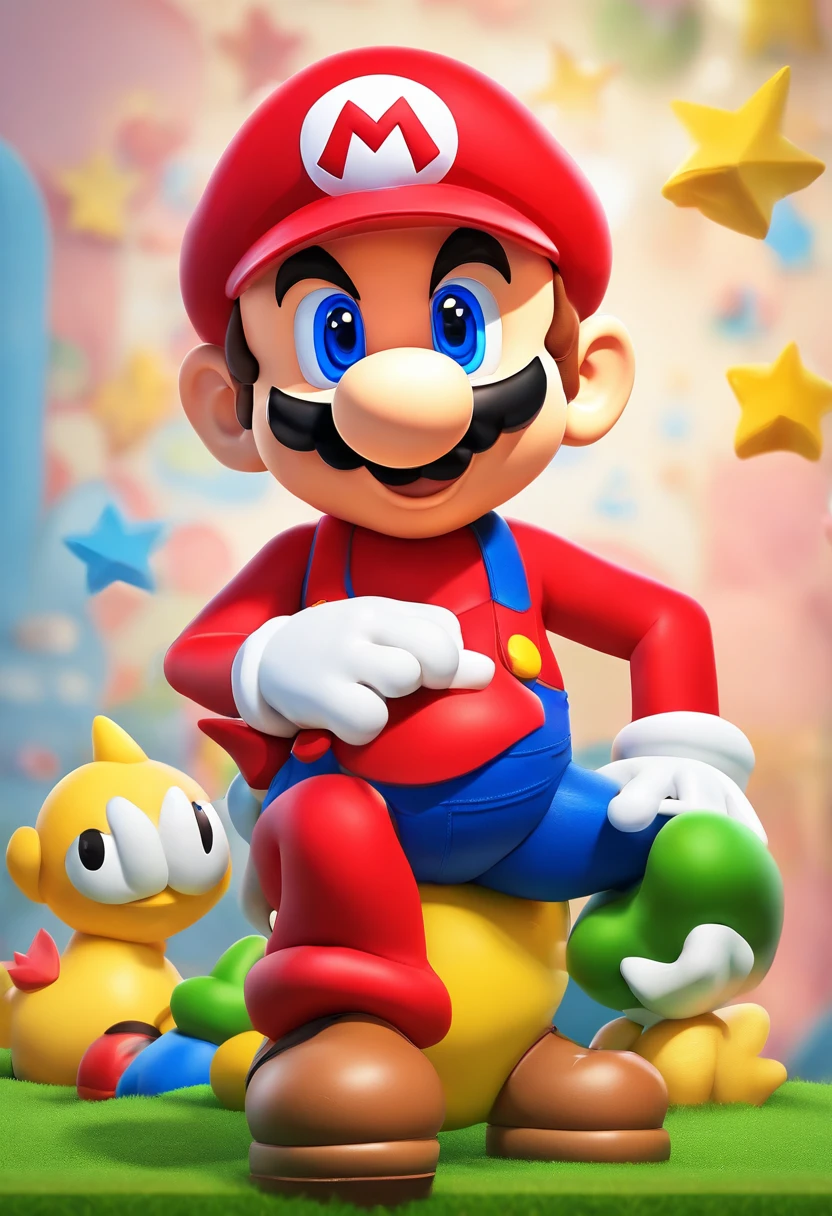 (Mario), design de personagens, Nintendo Super Mario, (olhos azuis, red hat, terno vermelho, blue suspenders, luvas brancas, )super bonito estilo caixa cega, Chibi, corpo inteiro, exaggerated expressions and actions, fundo limpo, Destaques iridescentes brilhantes, studio lighting, Atmospheric Illumination, com textura requintada, High detail, high resolution, c4d, ..3d, Liquidificador, 8k, best quality, Ultra High Definition