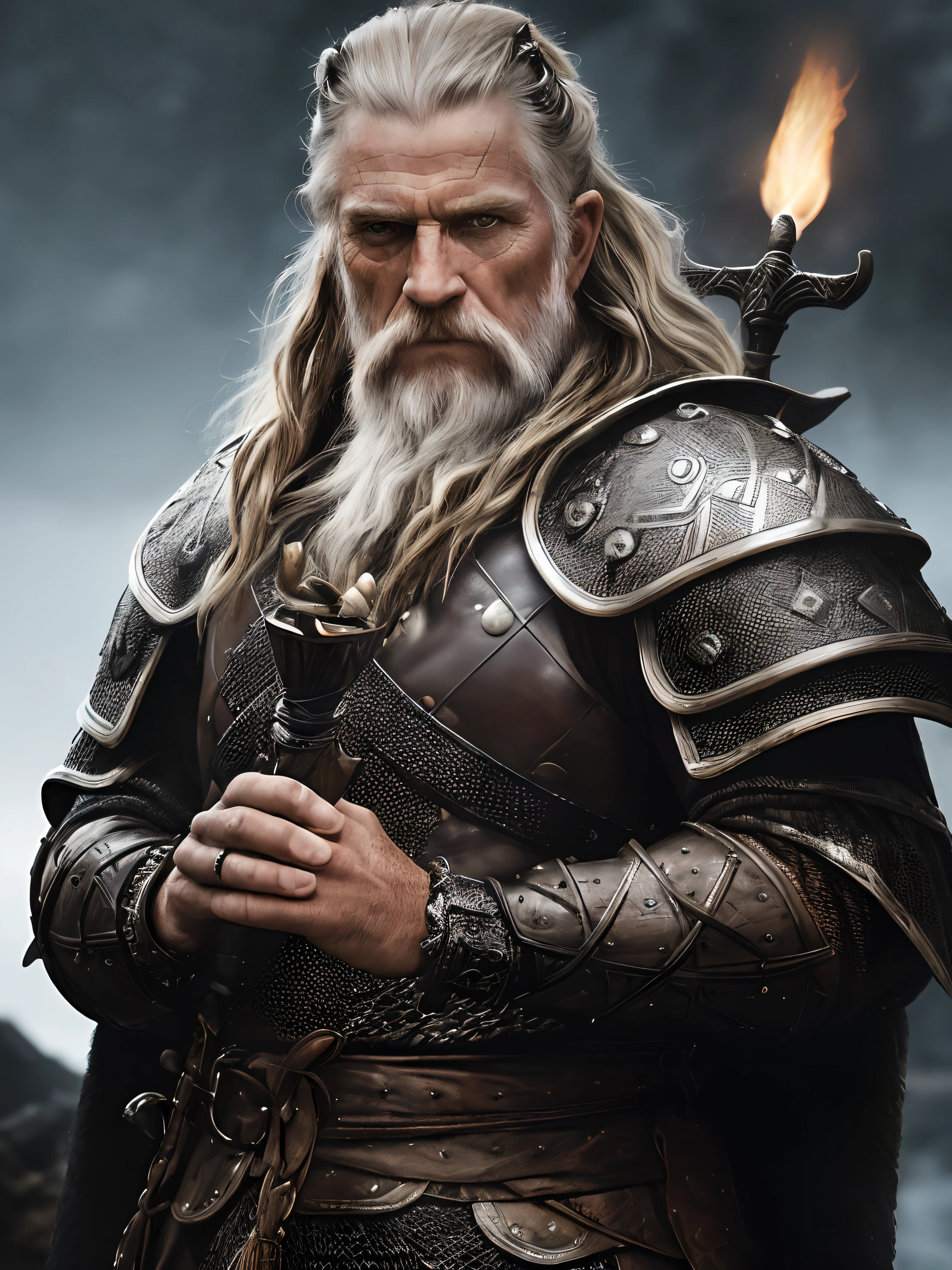 A close up of a man with a long beard and a sword - SeaArt AI