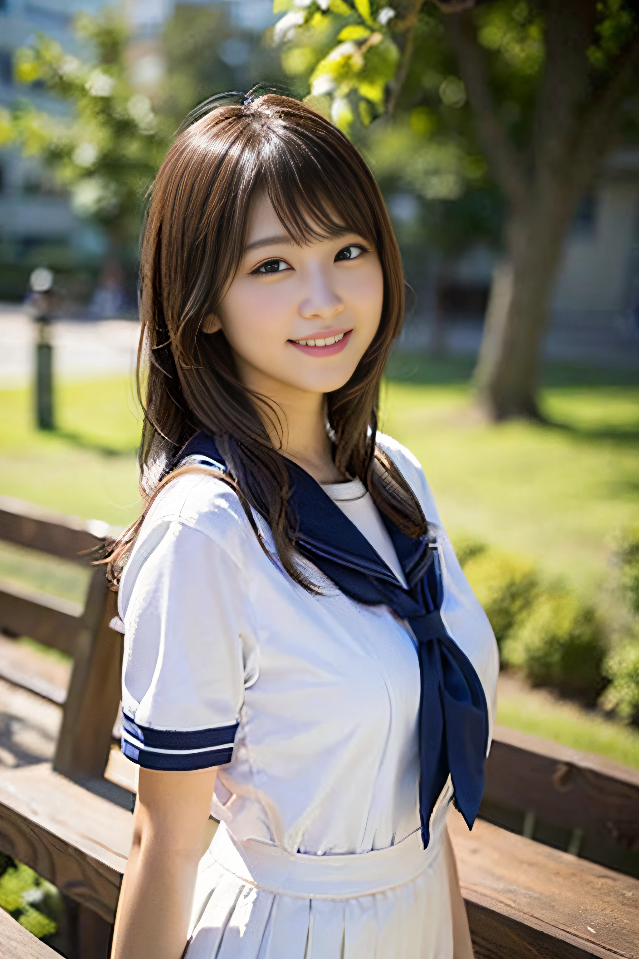 (8K、Raw photography、top-quality、masterpiece:1.2)、(realisitic、Photorealsitic:1.37)、ultra-detailliert、超A high resolution、女の子1人、see the beholder、beautifull detailed face、A smile、Constriction、(Slim waist) :1.3)、Beautiful detailed skin、Skin Texture、Floating hair、Professional Lighting、Whole human body、Longhaire、a blond、japanese hight school uniform、a sailor suit、Bob Hair、a park、Benches、15yo student、High school students、E Cup Breast、white thighhig、Happy smile