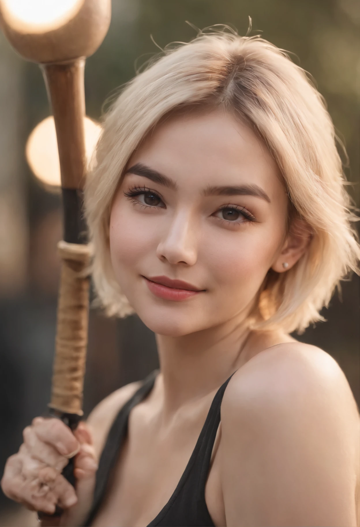 Not facing this way、Swinging a baseball bat、Solo Shot、Short Hair Gal、Blonde Gal、Age spots on the skin、Tattoo visible、heavy eye makeup、The best smile、