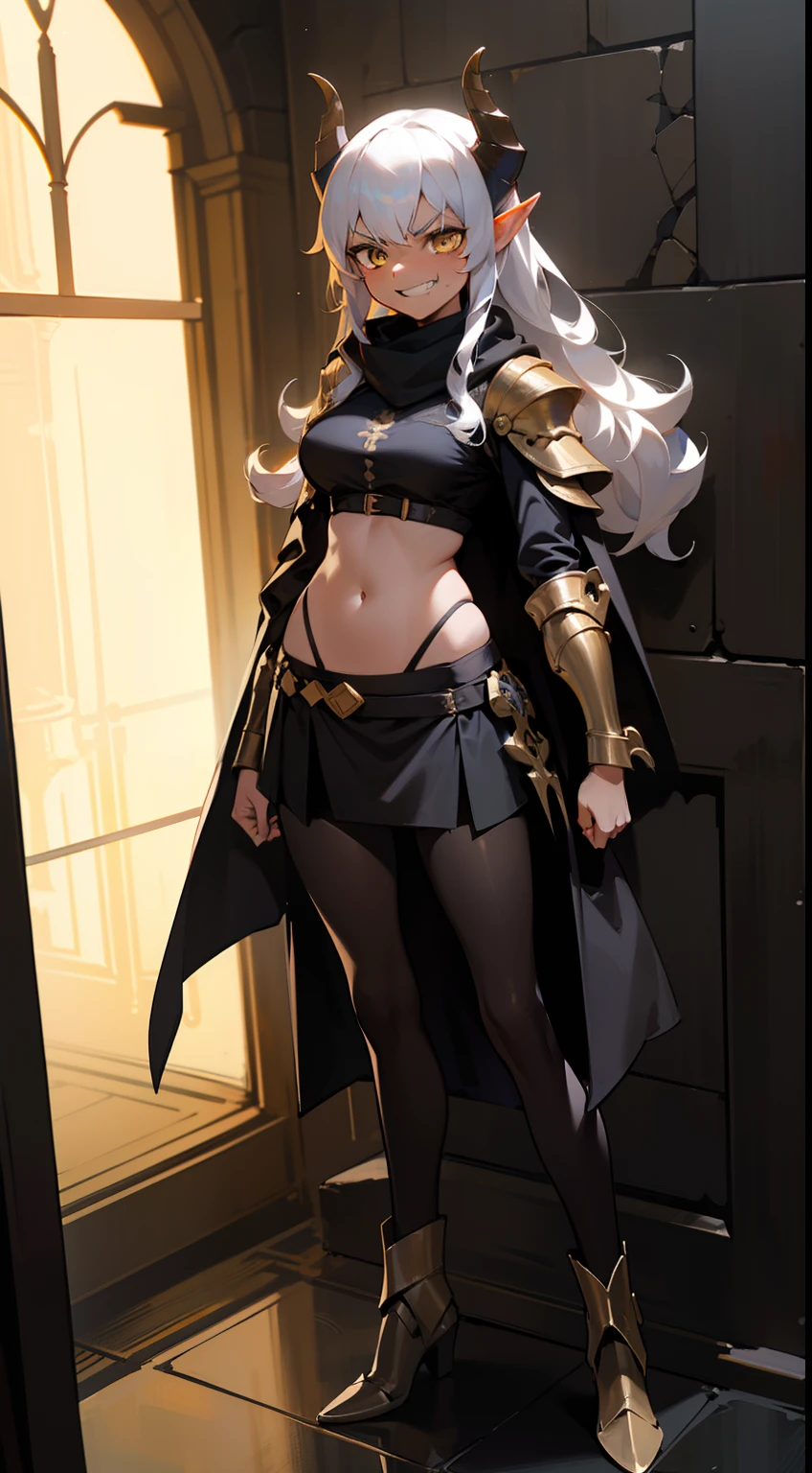 girl,brown skin, hidden arms,long hair, white hair,curly hair,yellow eyes,(((villain,psycho,villain smile, psychopath, angry))), medium boobs,show belly,gold armor outfit, black small shirt,long black stockings, detailed clothes, masterpiece, hyper realistic, high definition,black horns,black pantyhose,elves ears,black skirt,black scarf,full body,(((standing inside of a castle)))