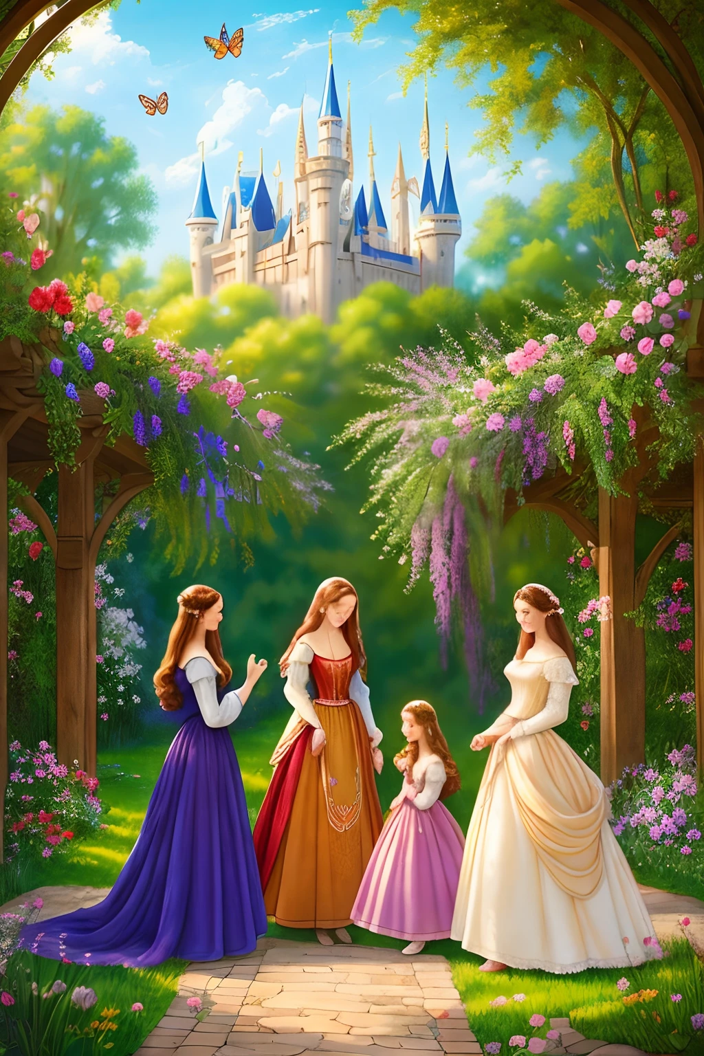 Disney Pixar cartoon style (high resolution: 1.2),Happy moment, medieval mother and three daughters, go shopping at village market, cheer, bunnies and duck, beautiful detailed eyes, lush green garden, long flowing hair, traditional medieval clothes, castle in the background, soft natural light, portrait, realistic colors, tranquil atmosphere, immaculate details, classic oil painting, antique style, jewel-toned stained glass windows, flowers blooming lushly, butterflies and birds flutter around, stories and mysteries revealed, an enchanting tale of love and family. cute face.