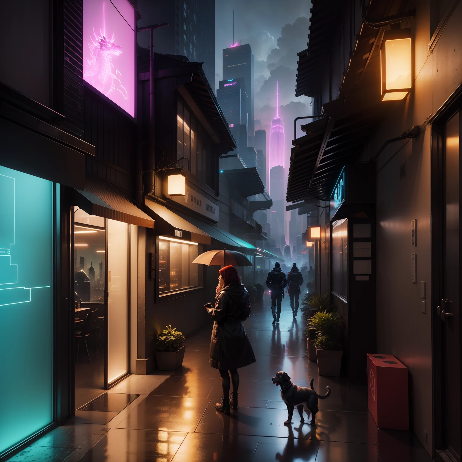 Make skyscrapers in background neon and sci-fi, fix puppy to look more realistic, add neon mechanical dragon to sky, make weather slightly darker and rainier